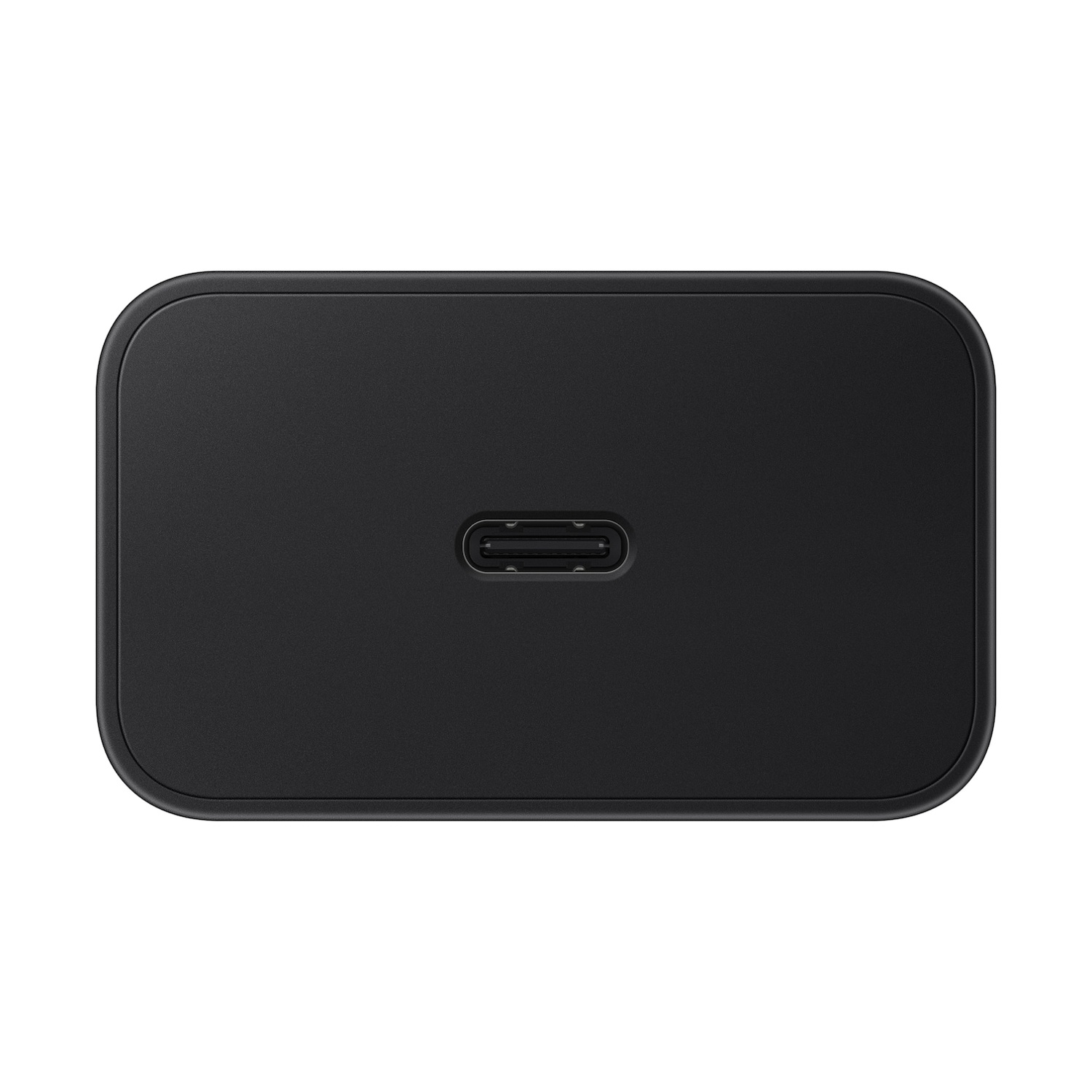 Un alimentatore rettangolare nero con porta USB-C al centro.