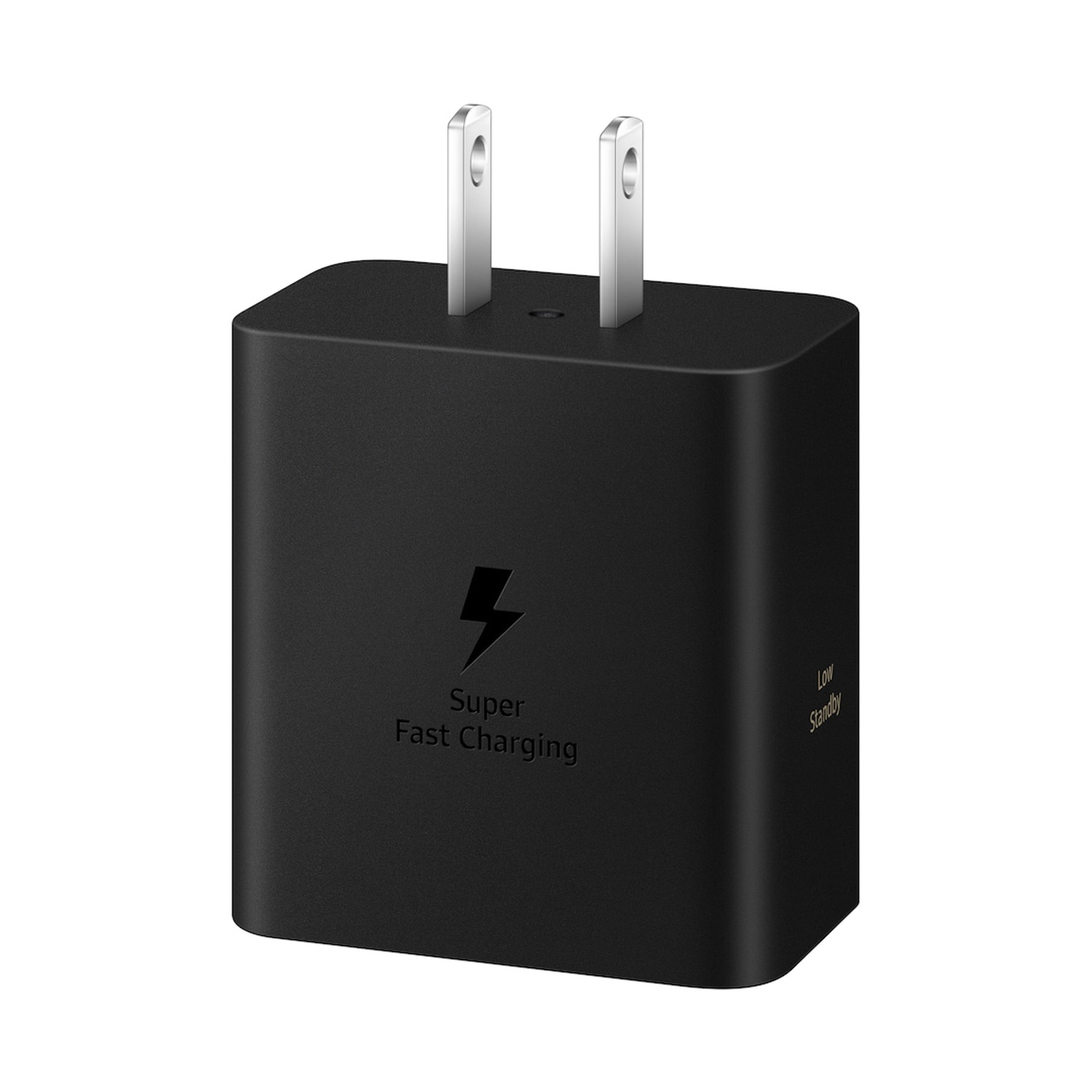 Caricatore nero con pin argentati e logo "Super Fast Charging".