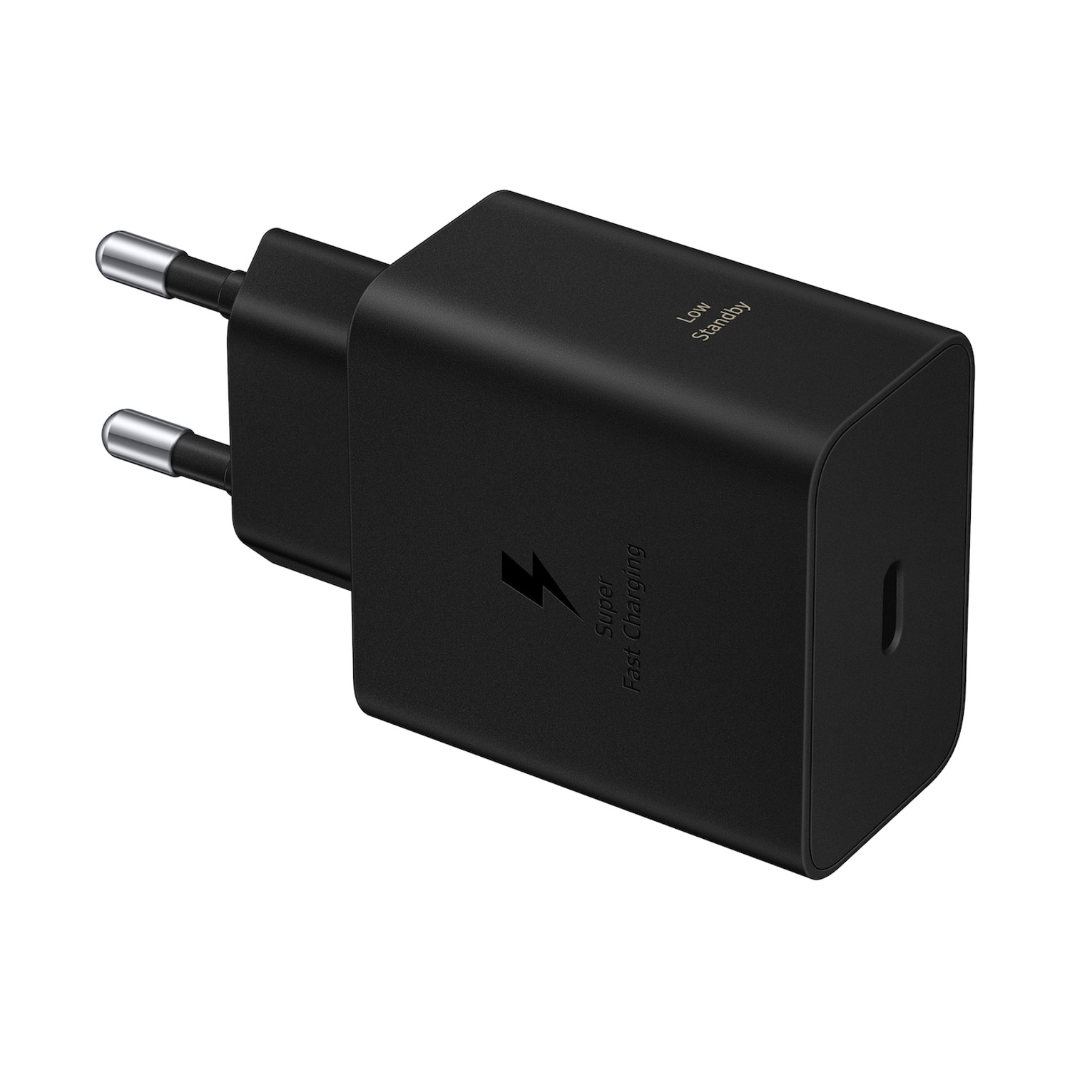 Adattatore di ricarica rapida nero con due pin e testo 'Super Fast Charging'.
