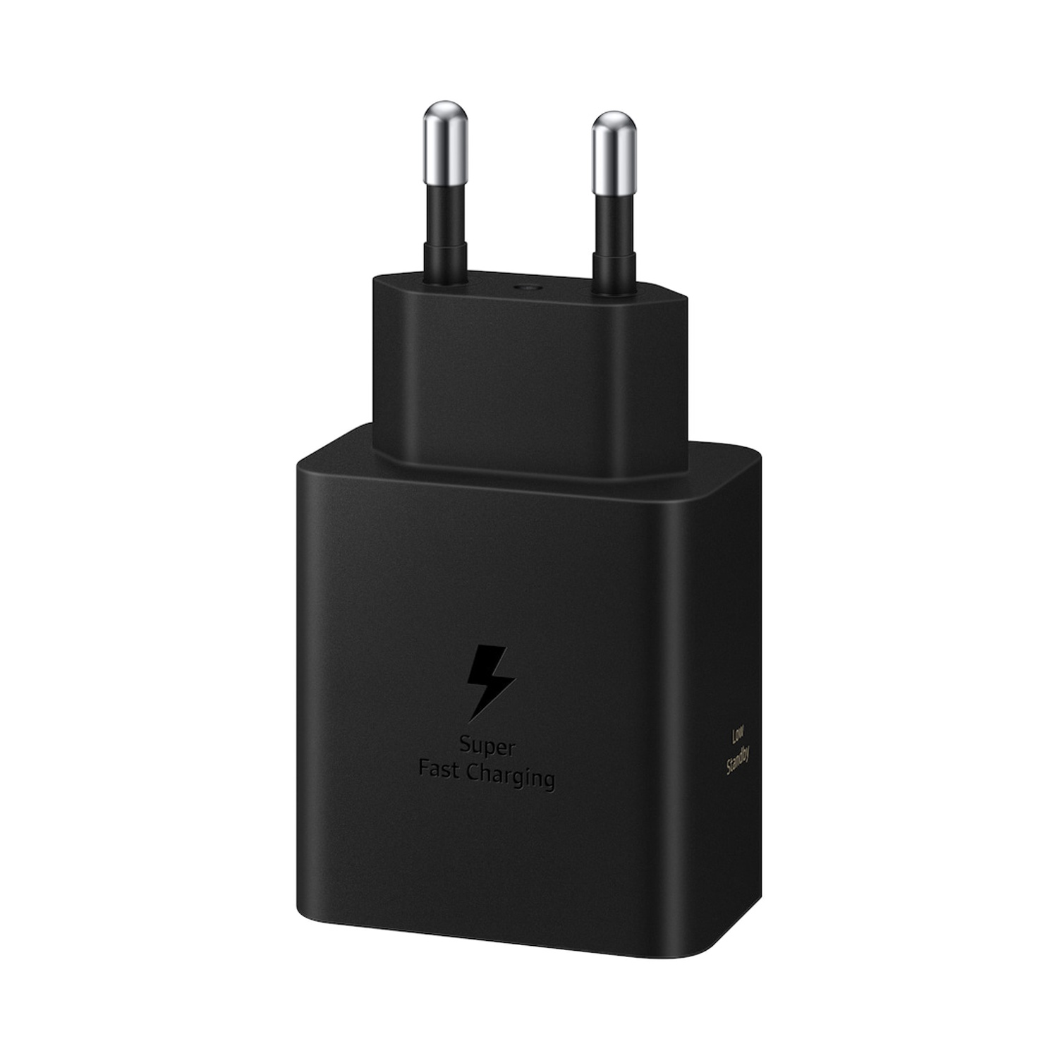 Caricatore nero con due poli e scritta 'Super Fast Charging'.