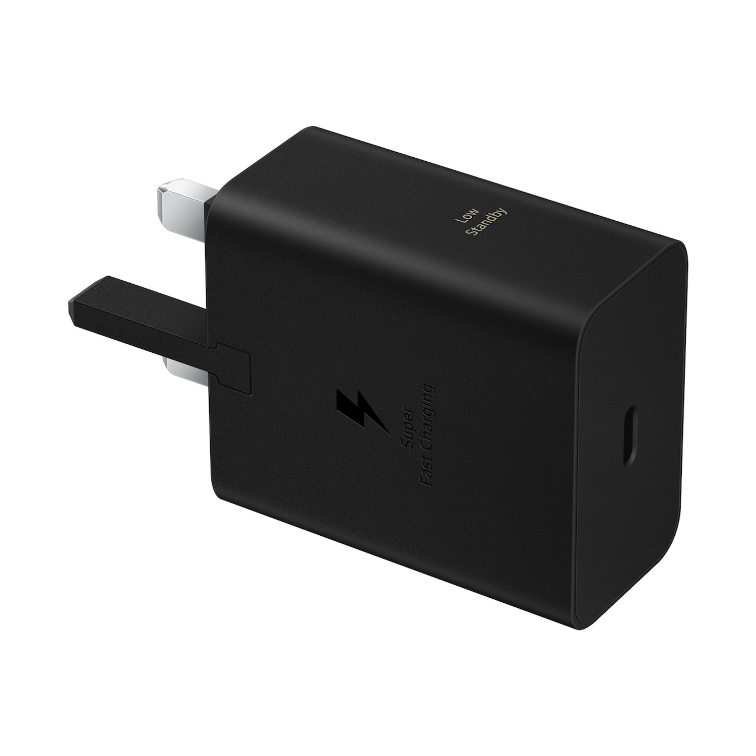 Adattatore di corrente nero con simbolo fulmine e testo.