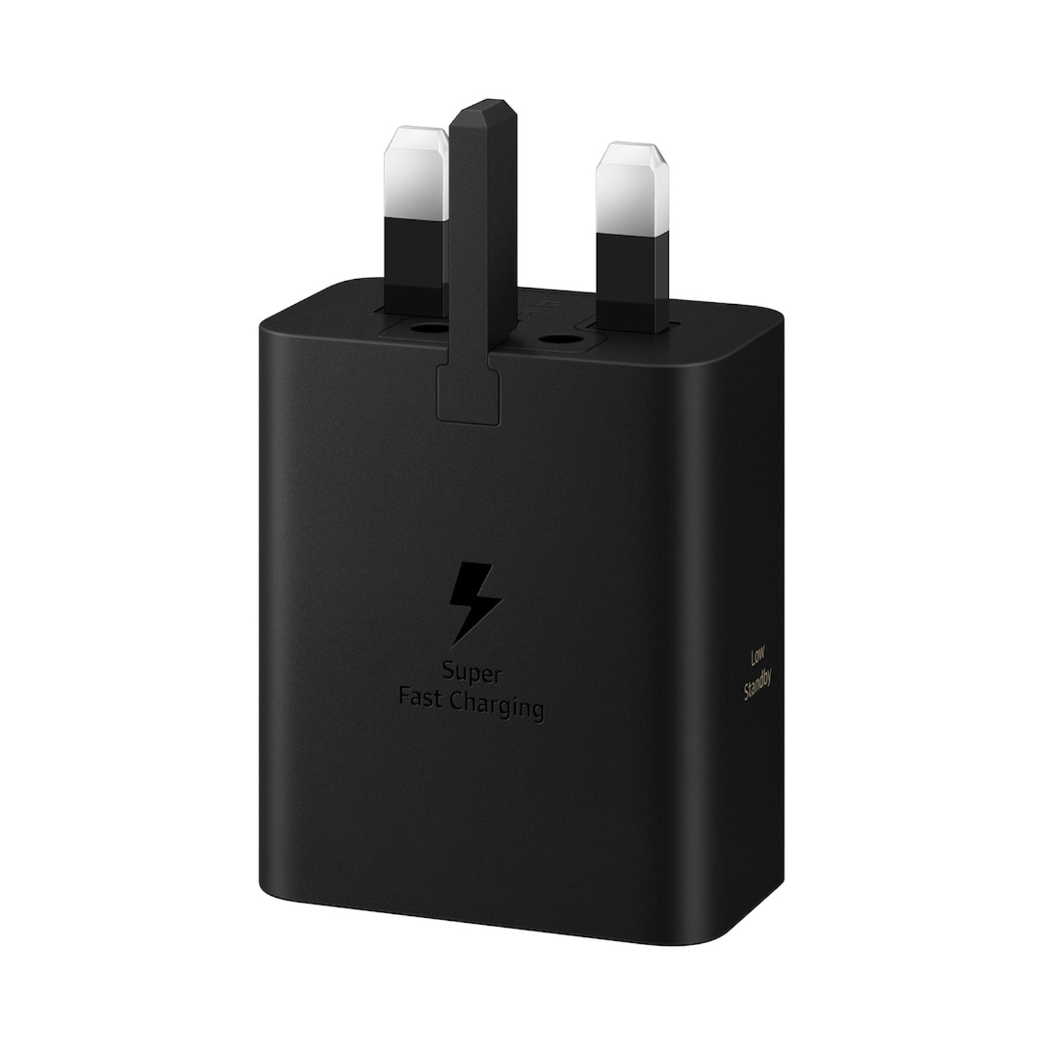 Adattatore di corrente nero con simbolo del fulmine e "Super Fast Charging".