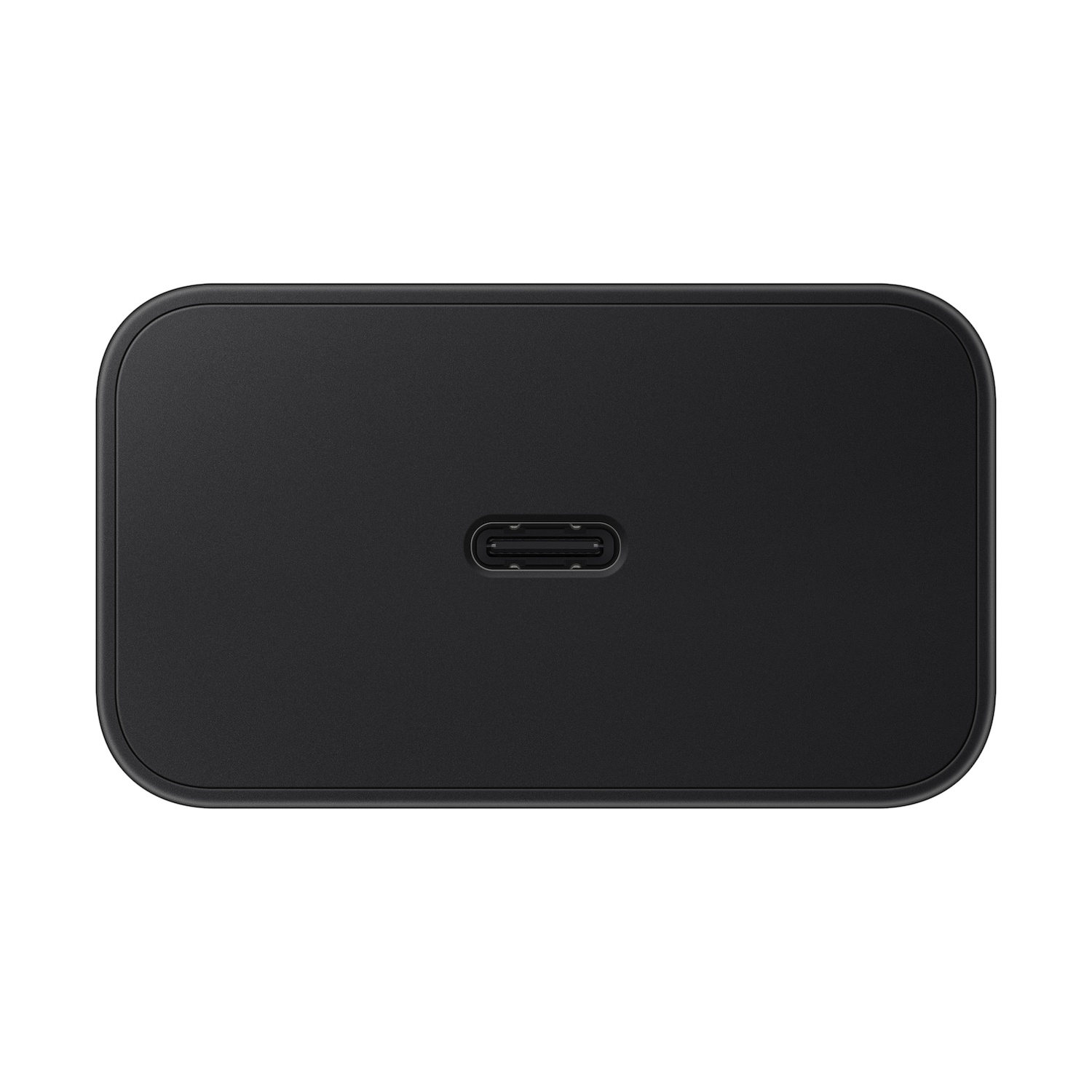 Adattatore di alimentazione nero con porta USB-C, design piatto.