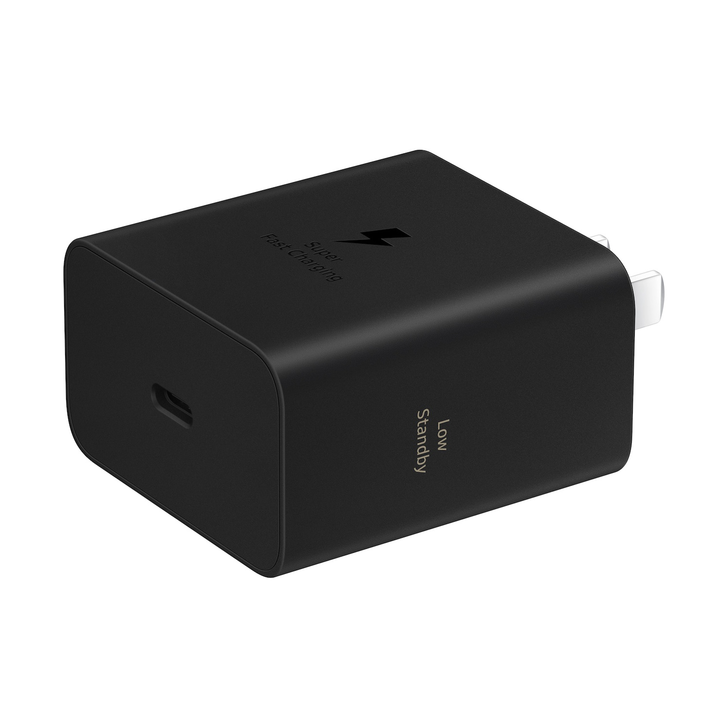 Caricatore nero con porta USB-C e fulmine per ricarica rapida.