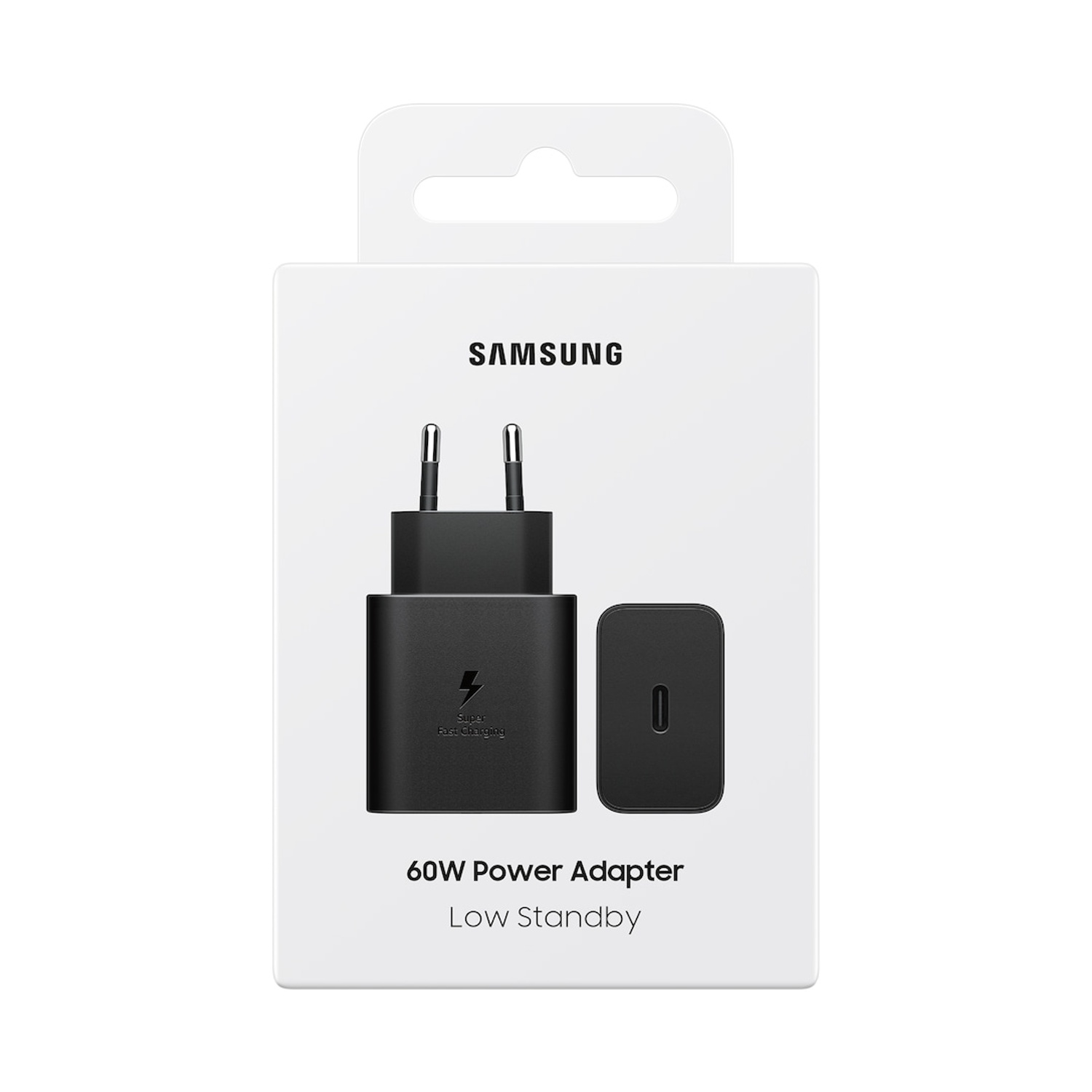 Adattatore di alimentazione Samsung 60W con due adattatori neri.
