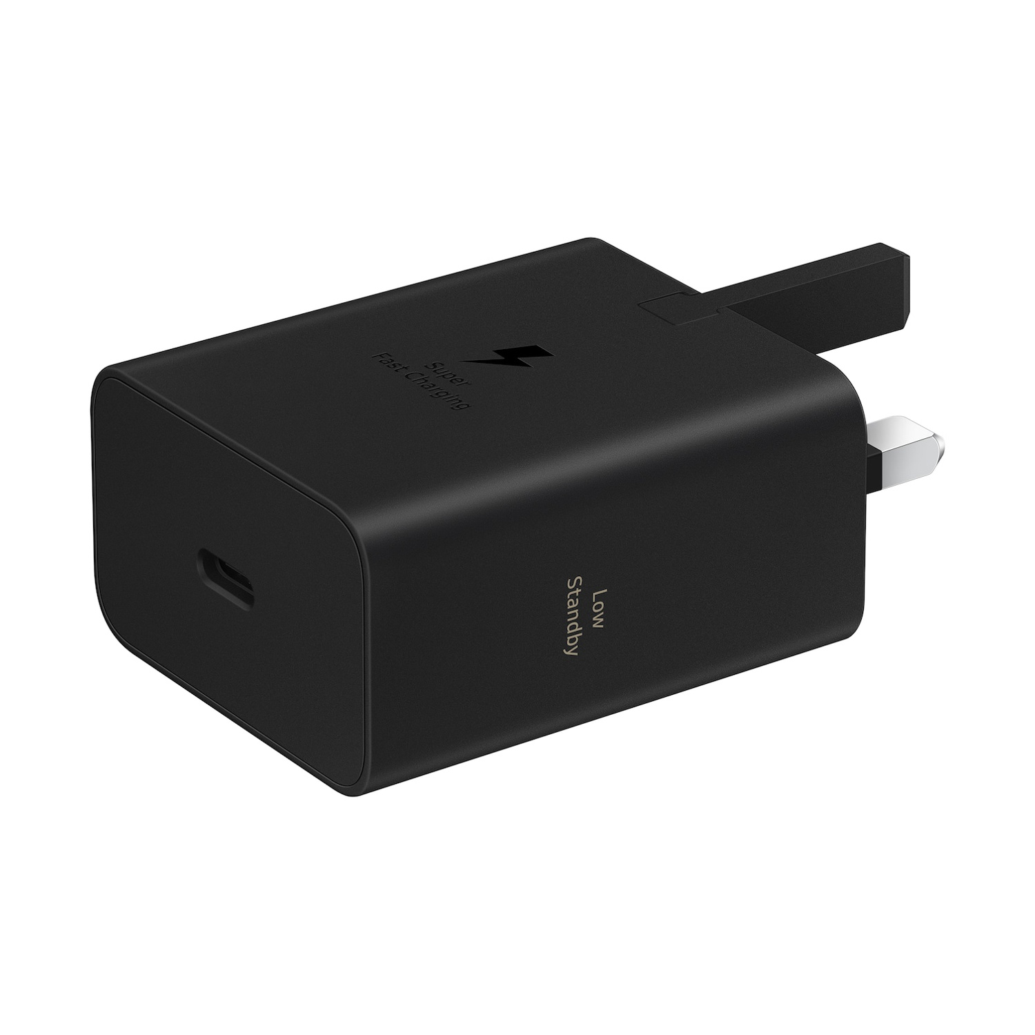 Caricatore USB-C nero con icona fulmine e testo 'Super Fast Charging'.