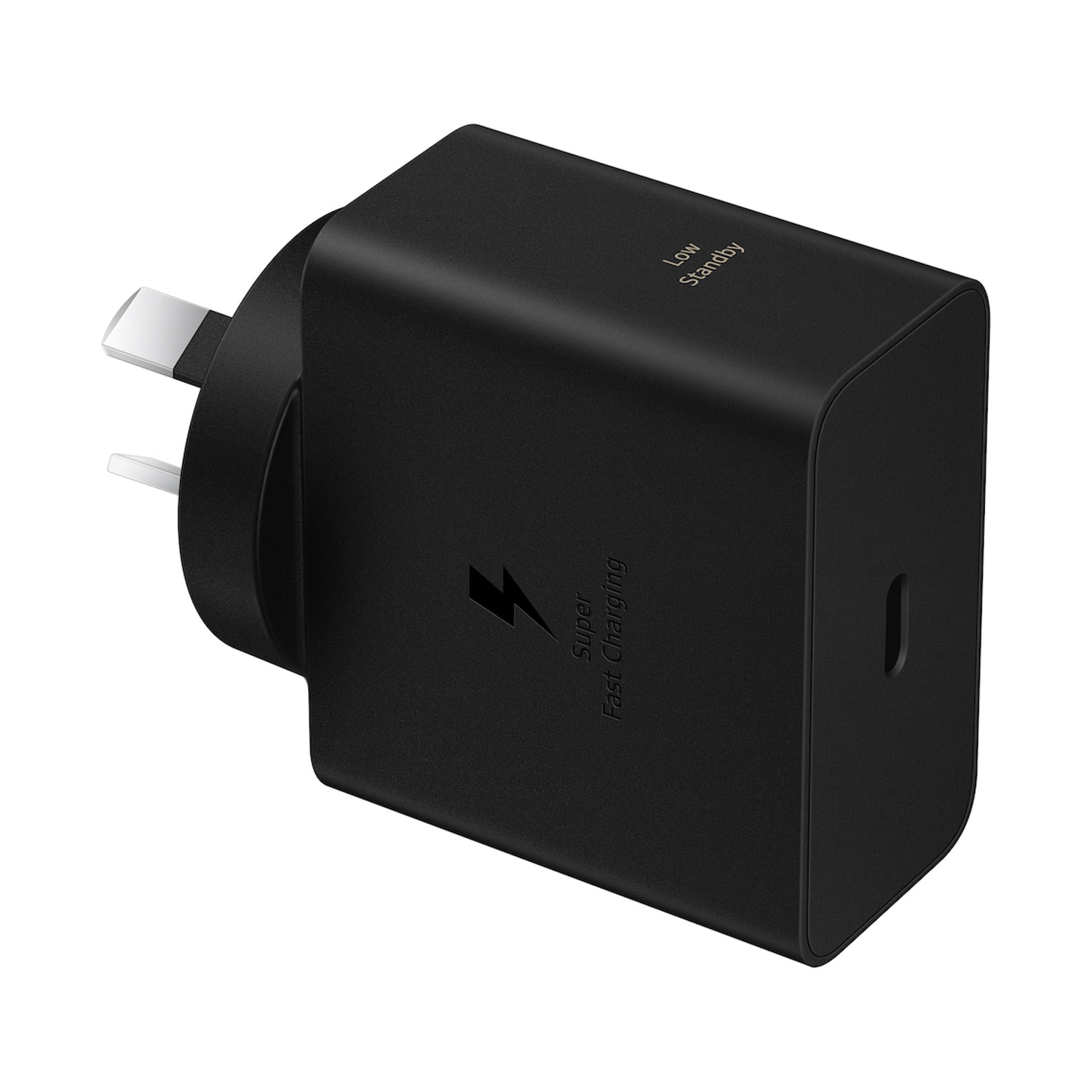 Adattatore di alimentazione nero con simbolo fulmine e testo 'Super Fast Charging'.