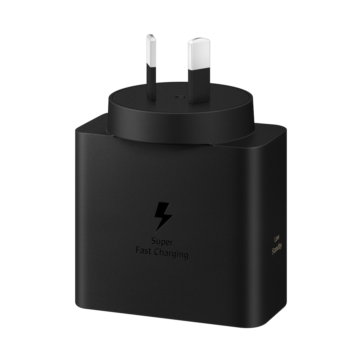 Caricatore nero con simbolo fulmine e testo “Super Fast Charging”.