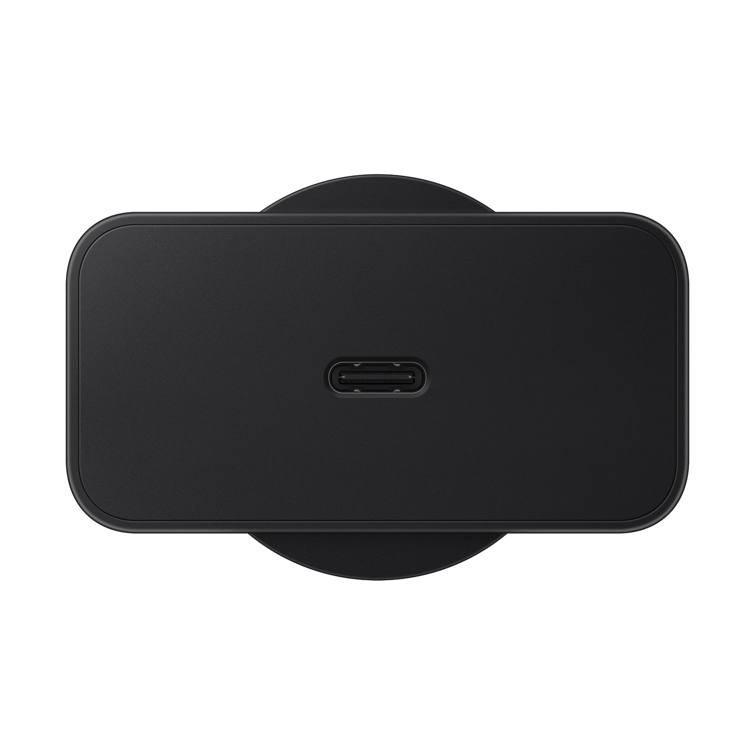 Adattatore USB-C nero con base rotonda, visto dall'alto.
