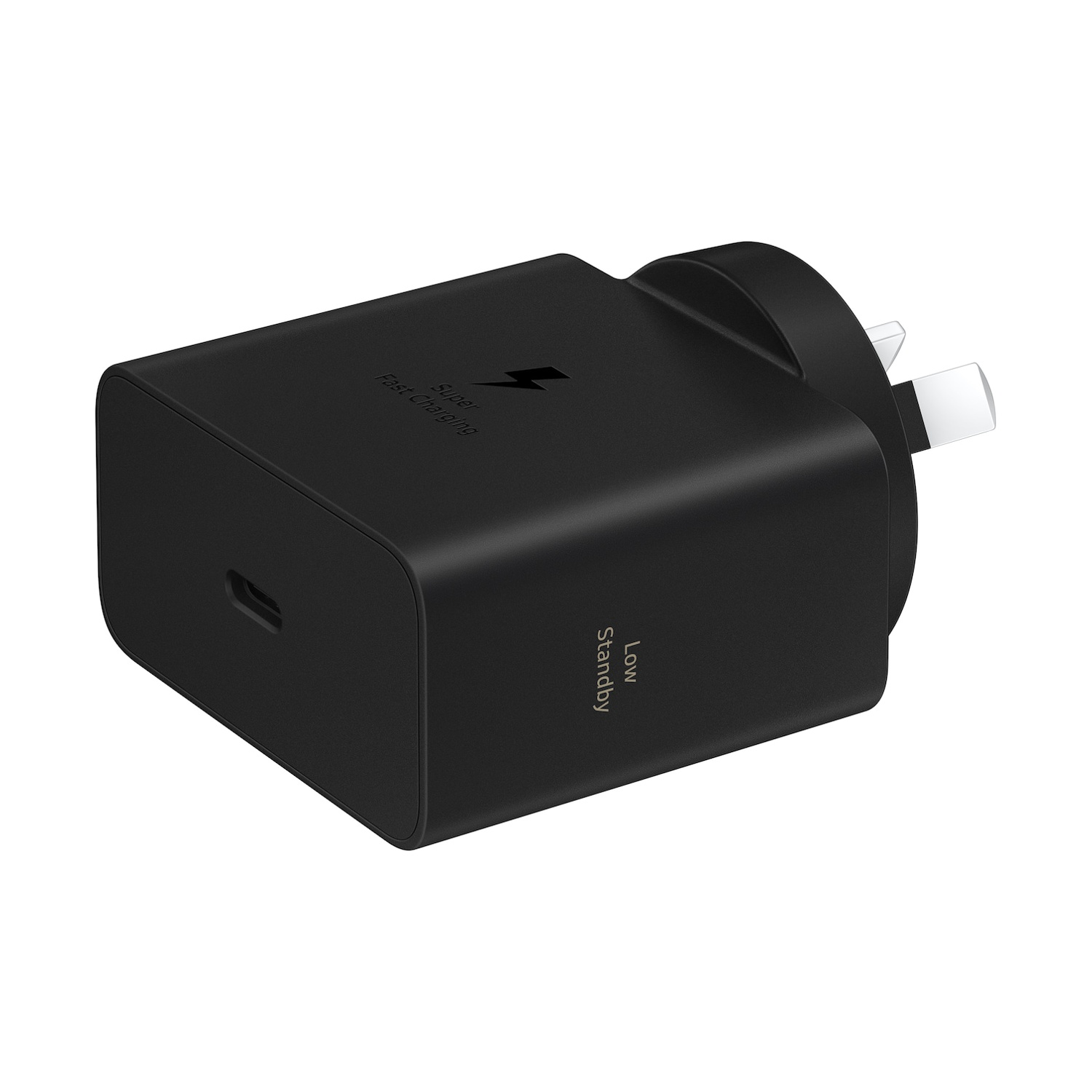 Caricatore nero con porta USB-C e spina UK.