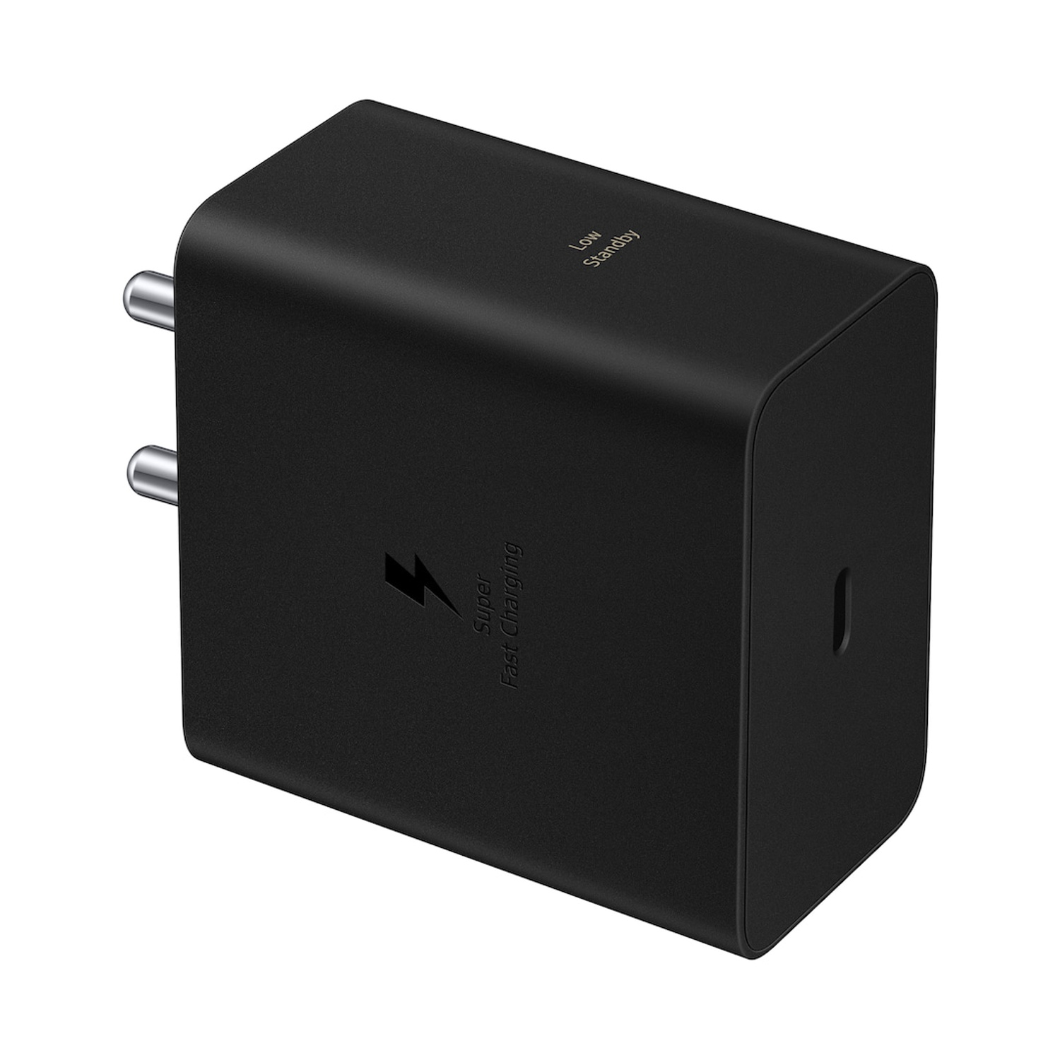 Spina caricabatterie nera con etichette Super Fast Charging e Low Standby.