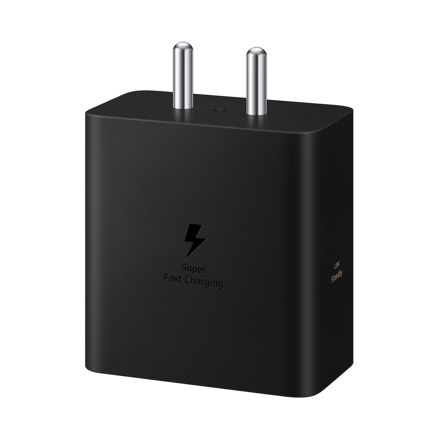 Adattatore di corrente nero con simbolo del fulmine e testo 'Super Fast Charging'.