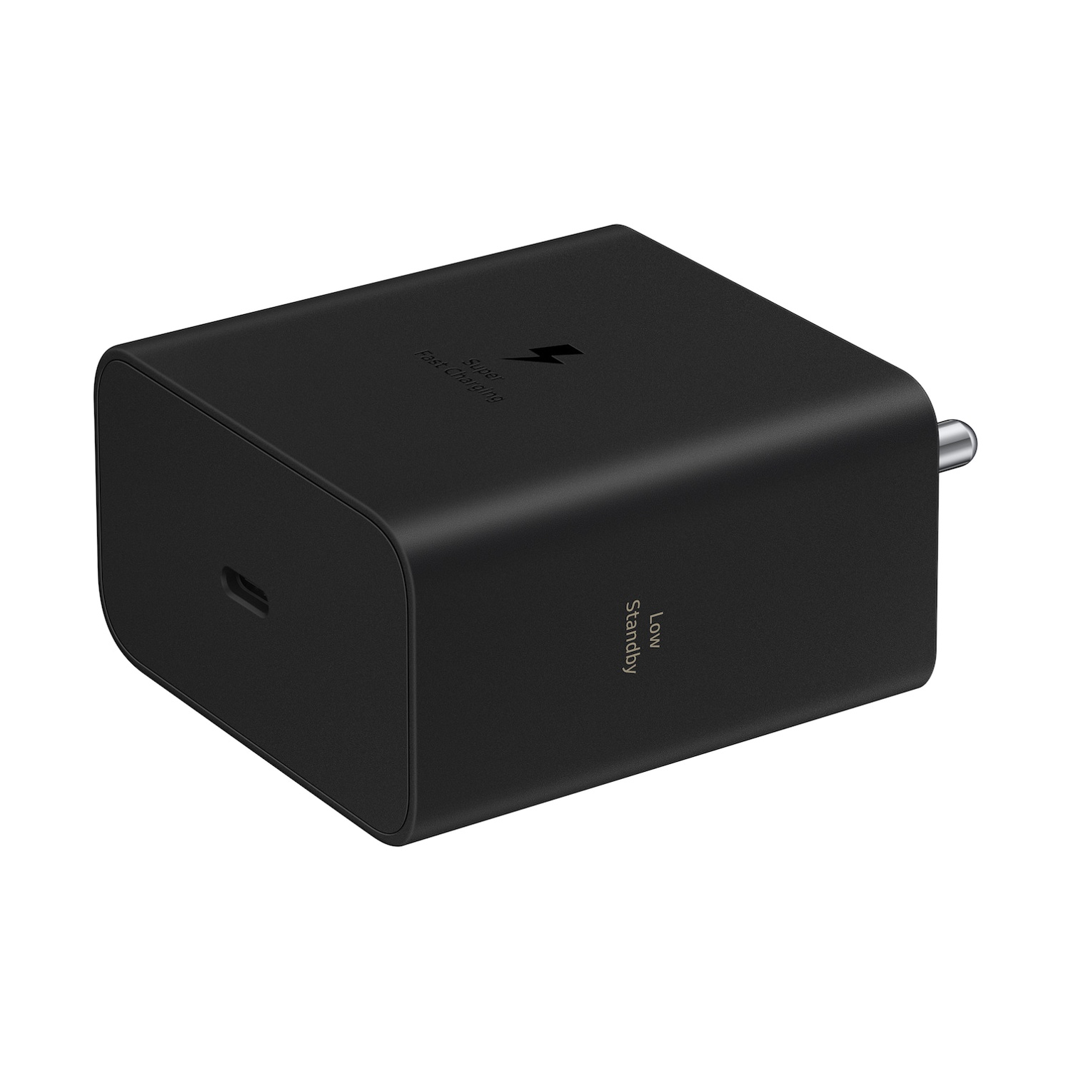 Adattatore di ricarica rapida nero con porta USB-C e logo fulmine.