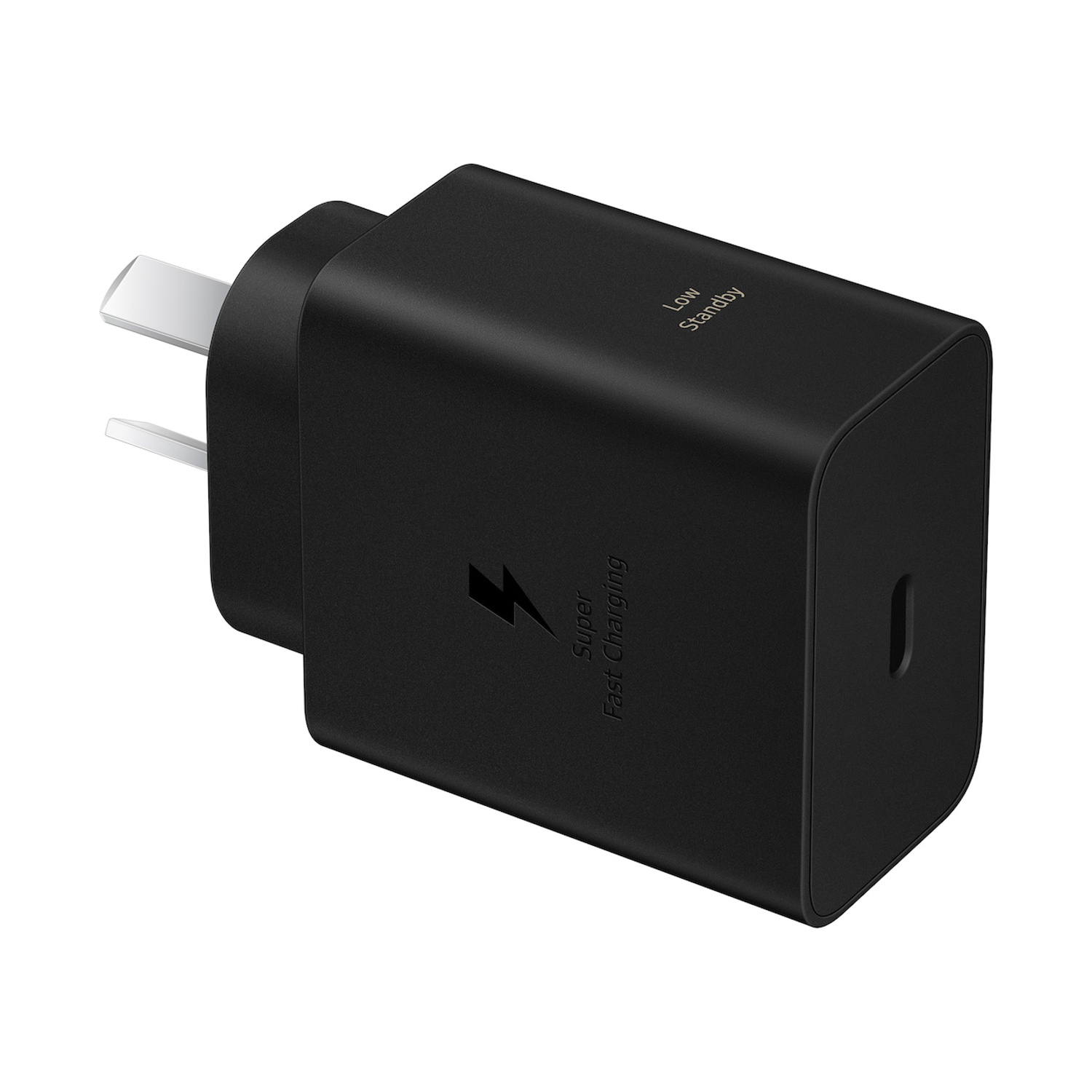 Alimentatore nero con due pin e porta USB-C. Testo: Super Fast Charging.