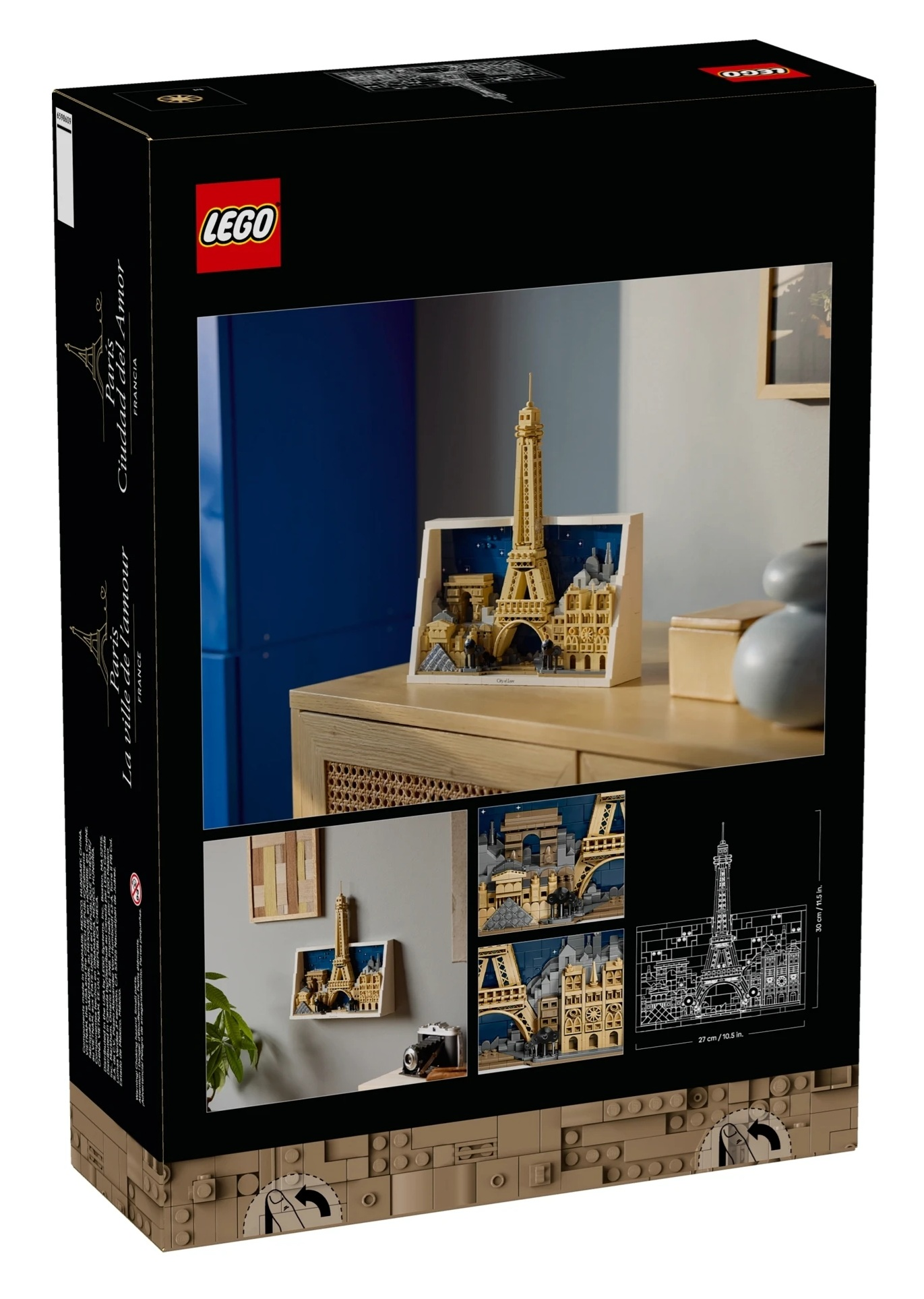 Opakowanie LEGO pokazuje model paryskich zabytków z Wieżą Eiffla, Łukiem Triumfalnym.