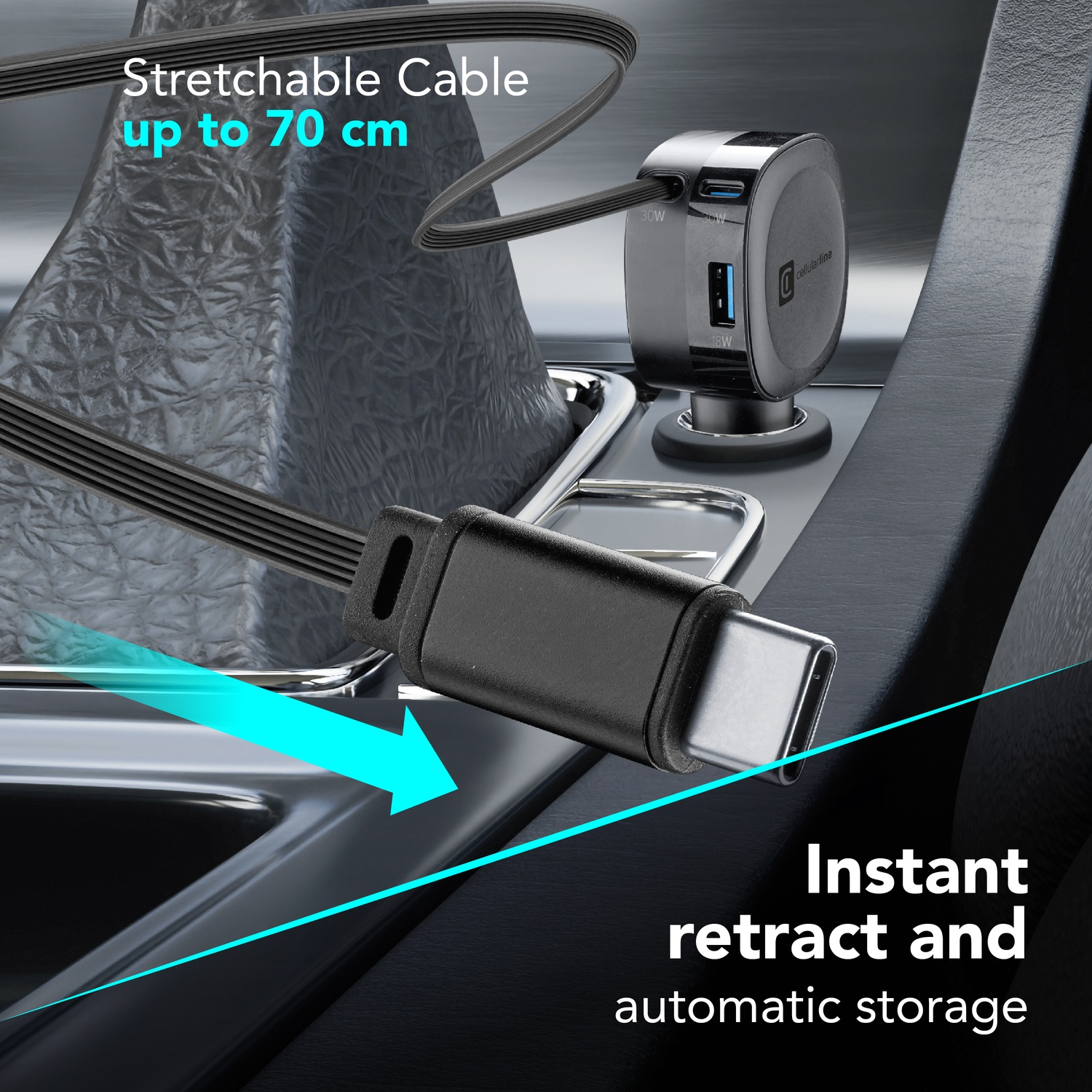 Cavo USB-C nero in auto, estensibile fino a 70 cm. Riavvolgimento automatico.