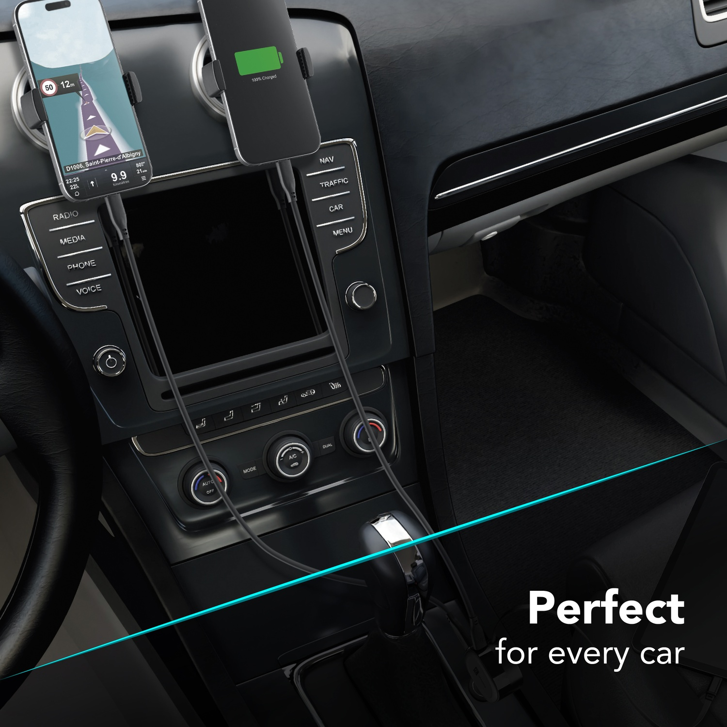 Due telefoni in supporti per auto, uno con navigazione, l'altro in carica. Perfetto.