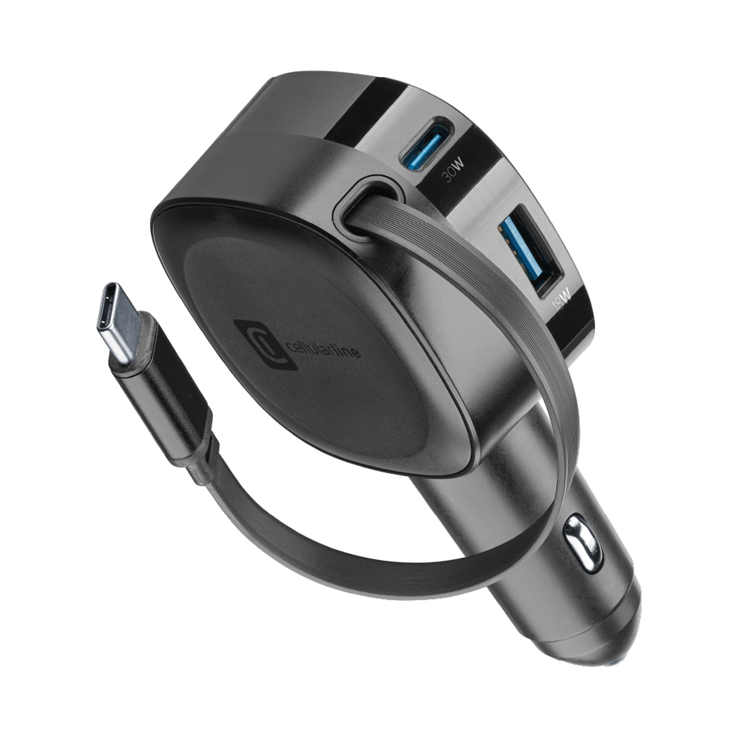 Caricabatterie auto nero con USB-C, porte USB 30W, 18W e cavo allegato.