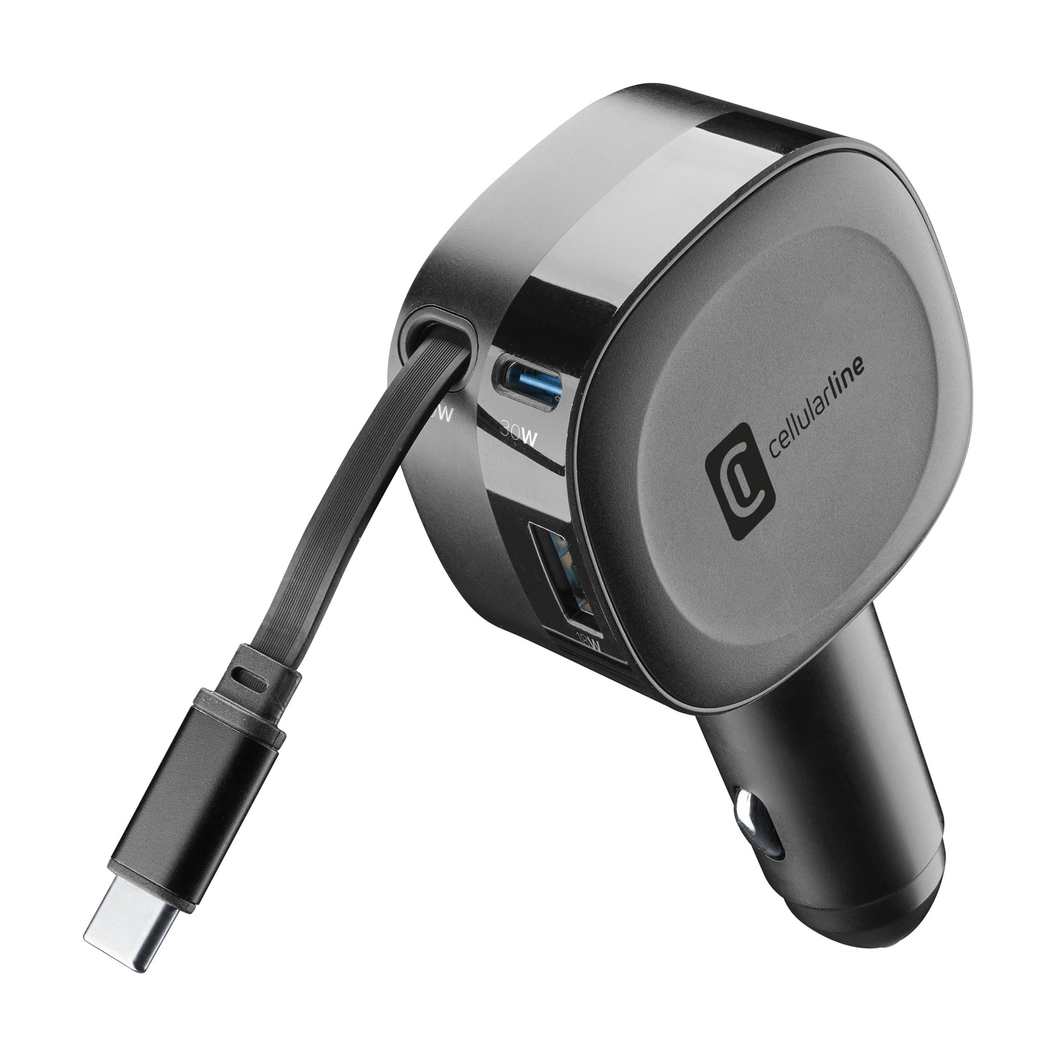 Un caricabatterie per auto grigio con USB-C e due porte, collegato a un cavo.