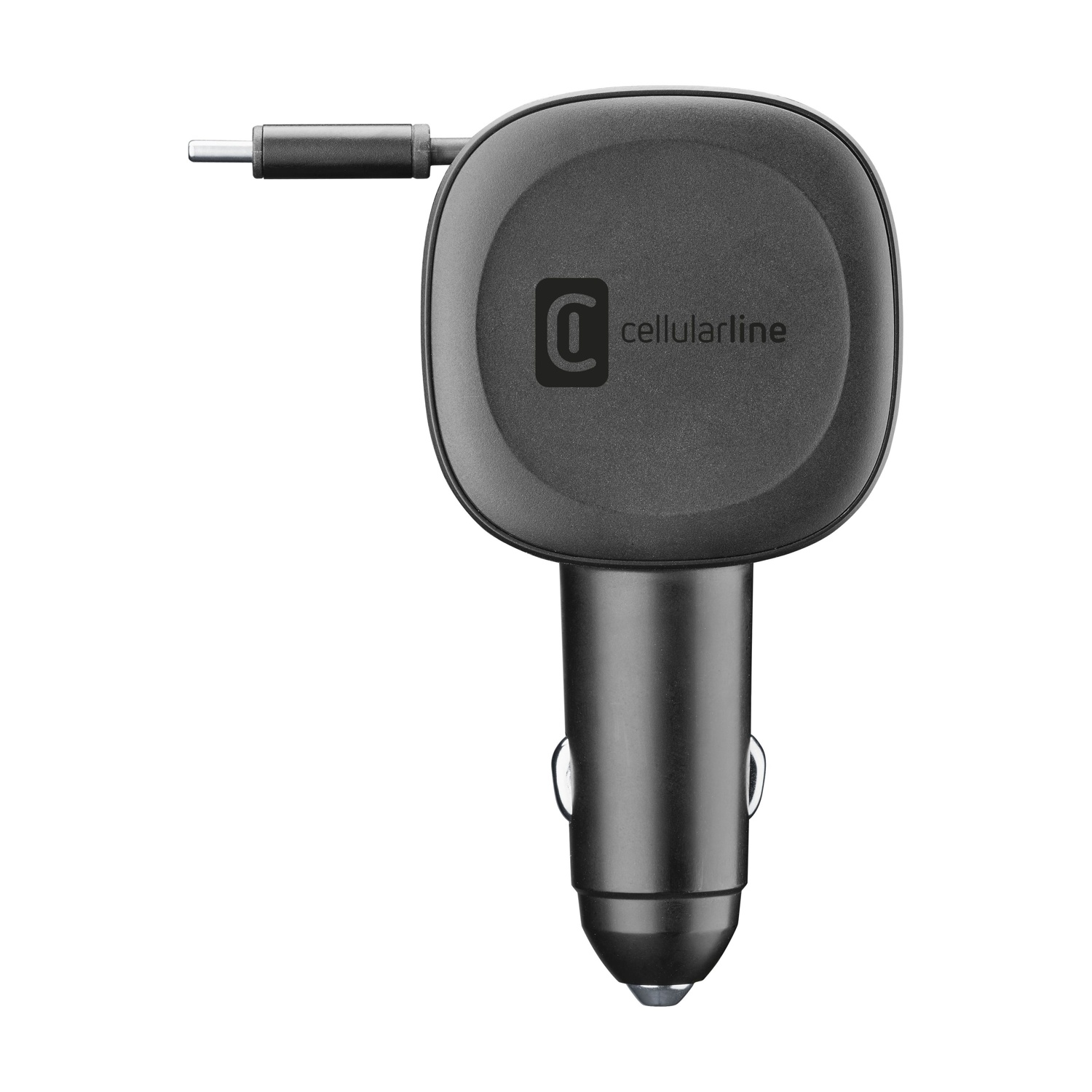 Caricatore USB auto Cellularline nero con spina retrattile.