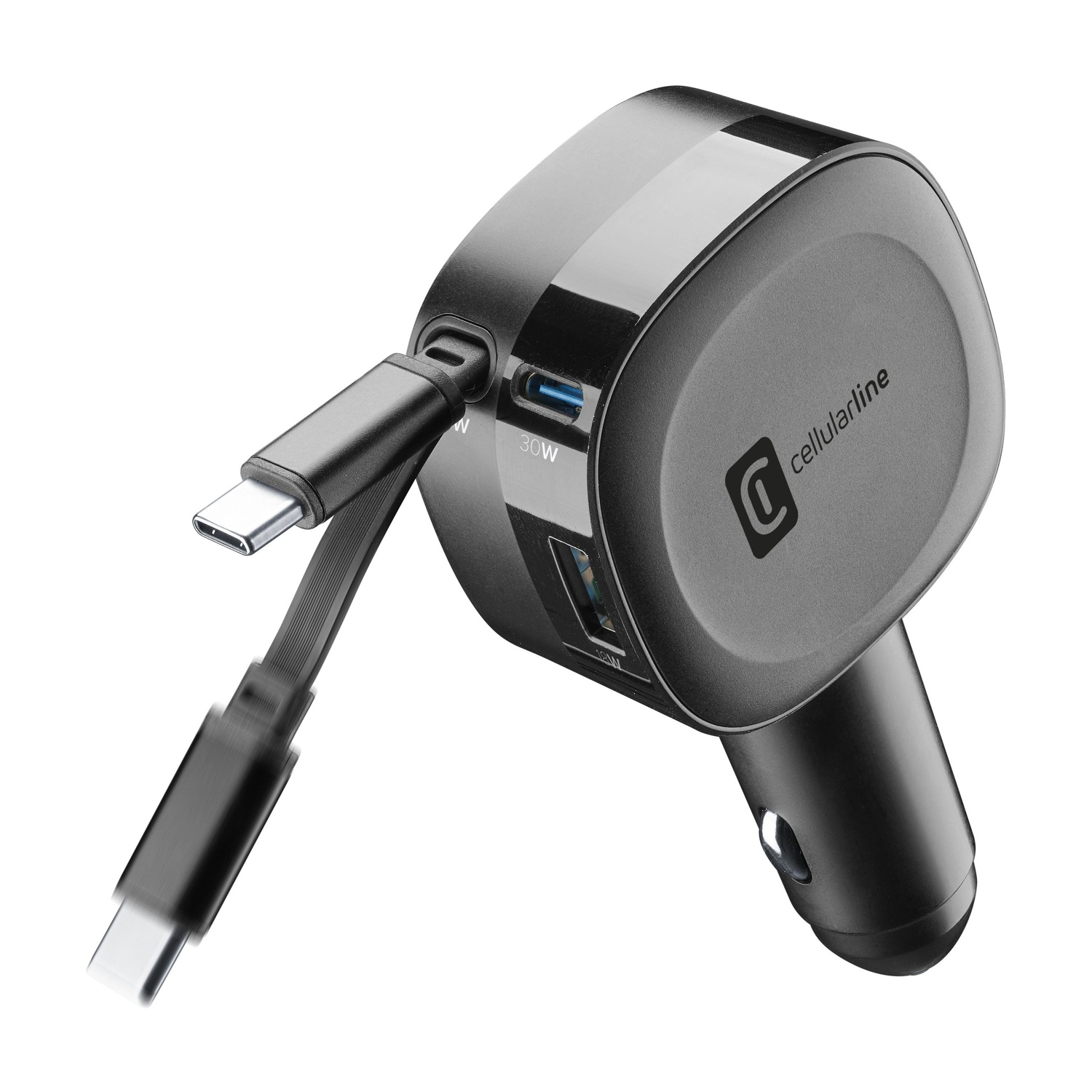 Un caricabatterie per auto Cellularline nero con cavo USB-C e indicatore 30W.