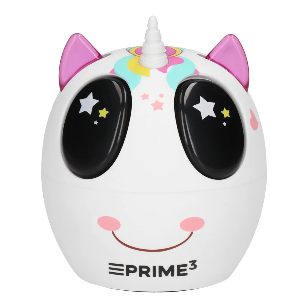 Biały, okrągły przedmiot z motywem jednorożca, dużymi czarnymi oczami, różowymi uszami i rogiem.