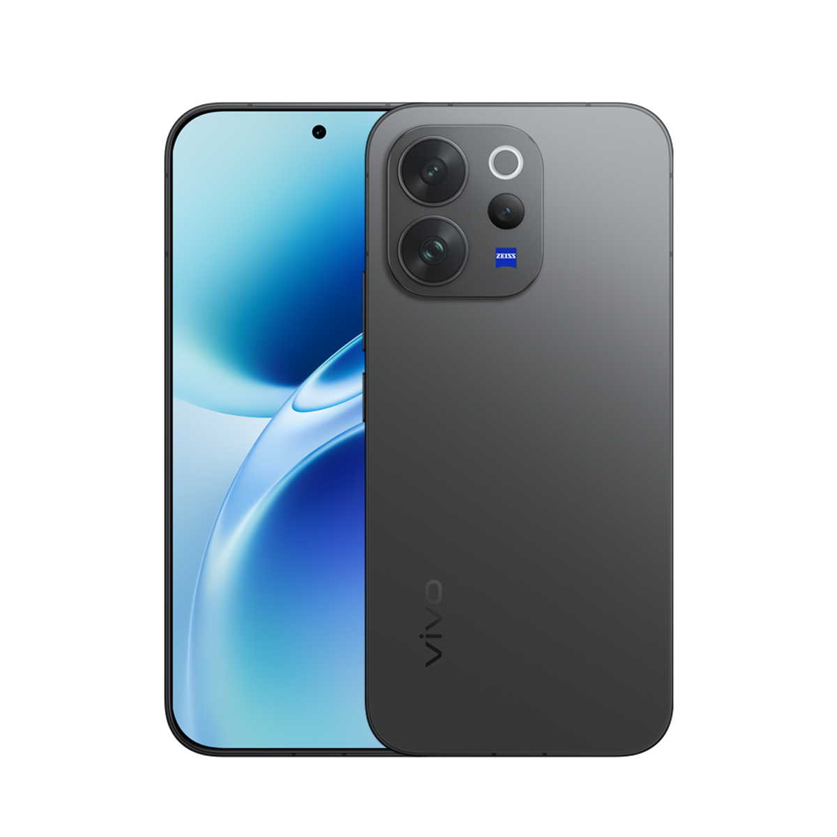 Üç kameralı ve ZEISS logolu koyu gri akıllı telefon. Ekran mavi renktedir.
