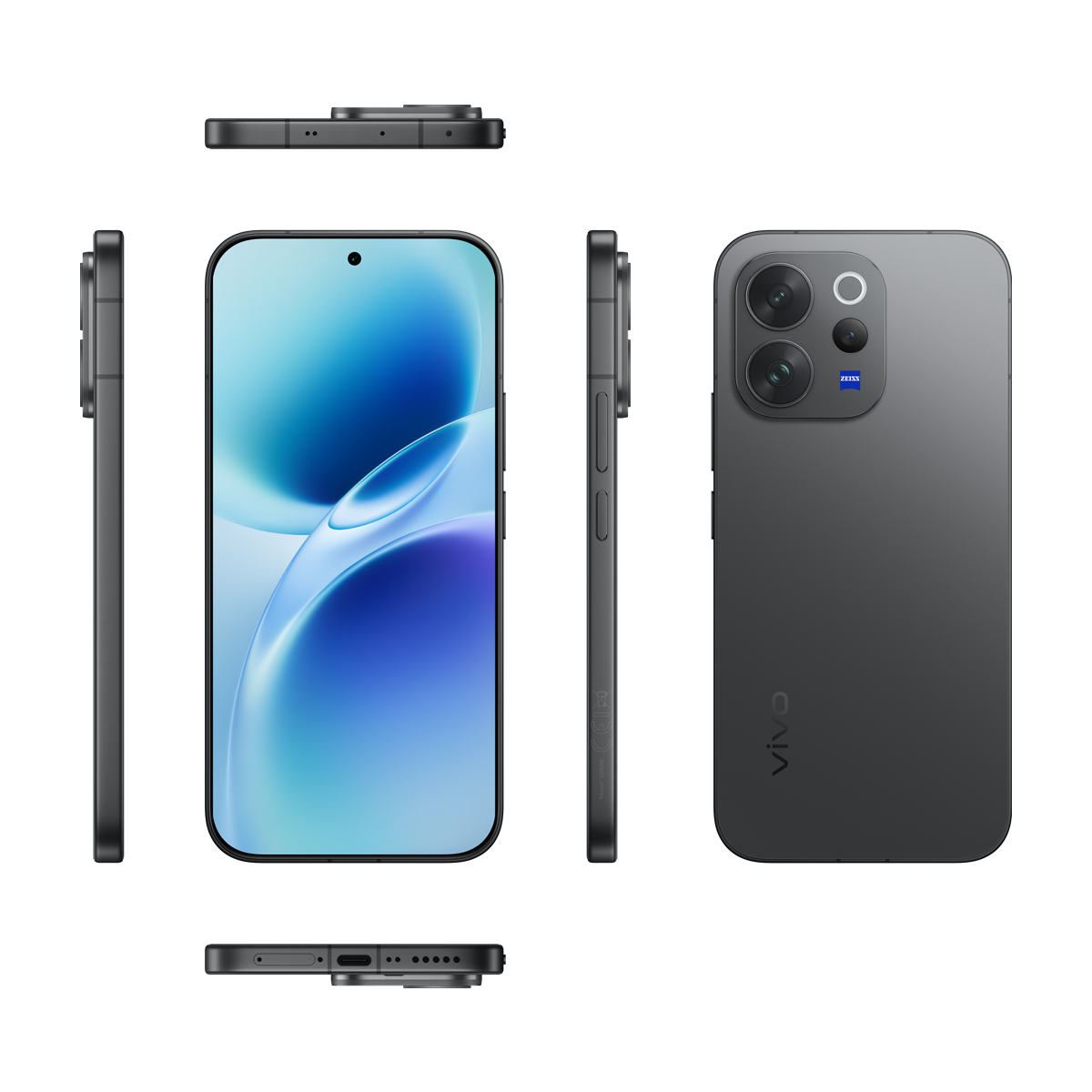 Üç kameralı ve Zeiss logolu koyu renkli akıllı telefon, her yönden gösteriliyor.
