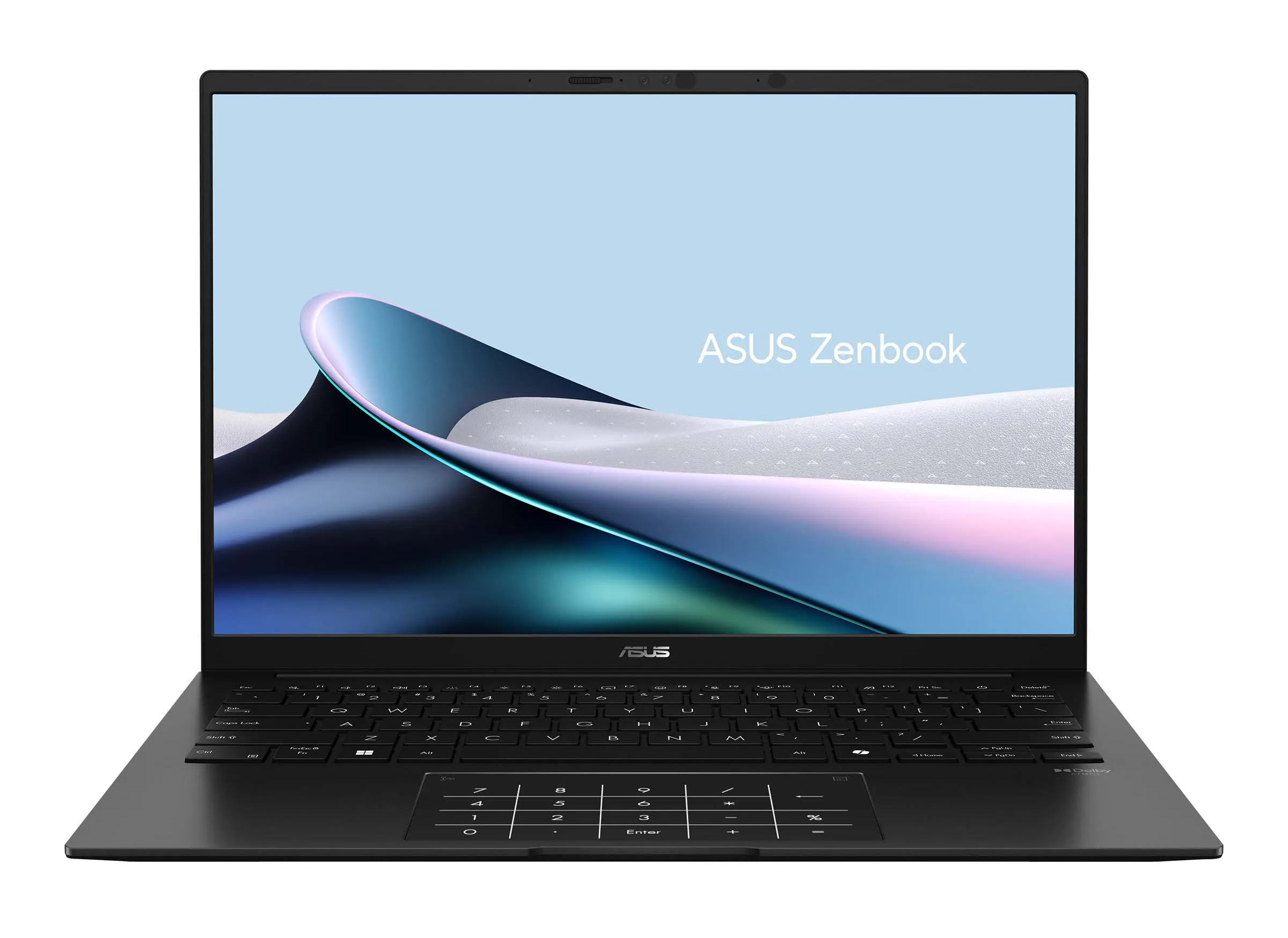 Czarny laptop ASUS Zenbook z podświetlaną klawiaturą i touchpadem.