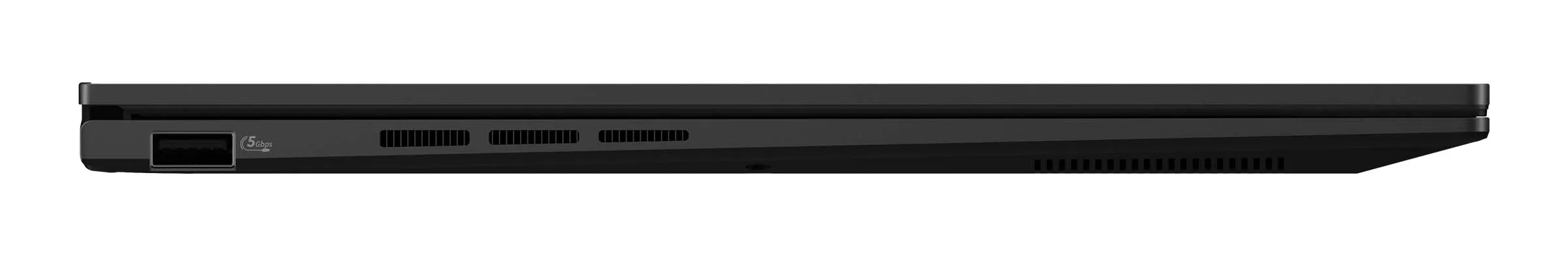 Bok czarnego laptopa z portem USB i otworami wentylacyjnymi.