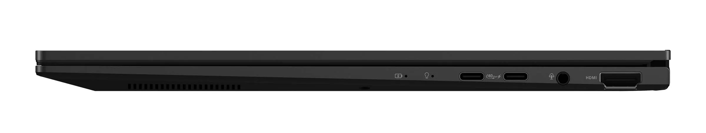 Zbliżenie lewej strony czarnego laptopa, pokazujące porty i otwory wentylacyjne.