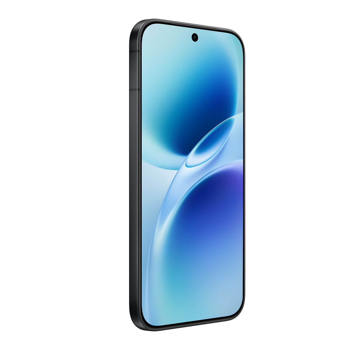 Siyah çerçeveli akıllı telefon, mavi soyut duvar kağıdı gösteriyor.