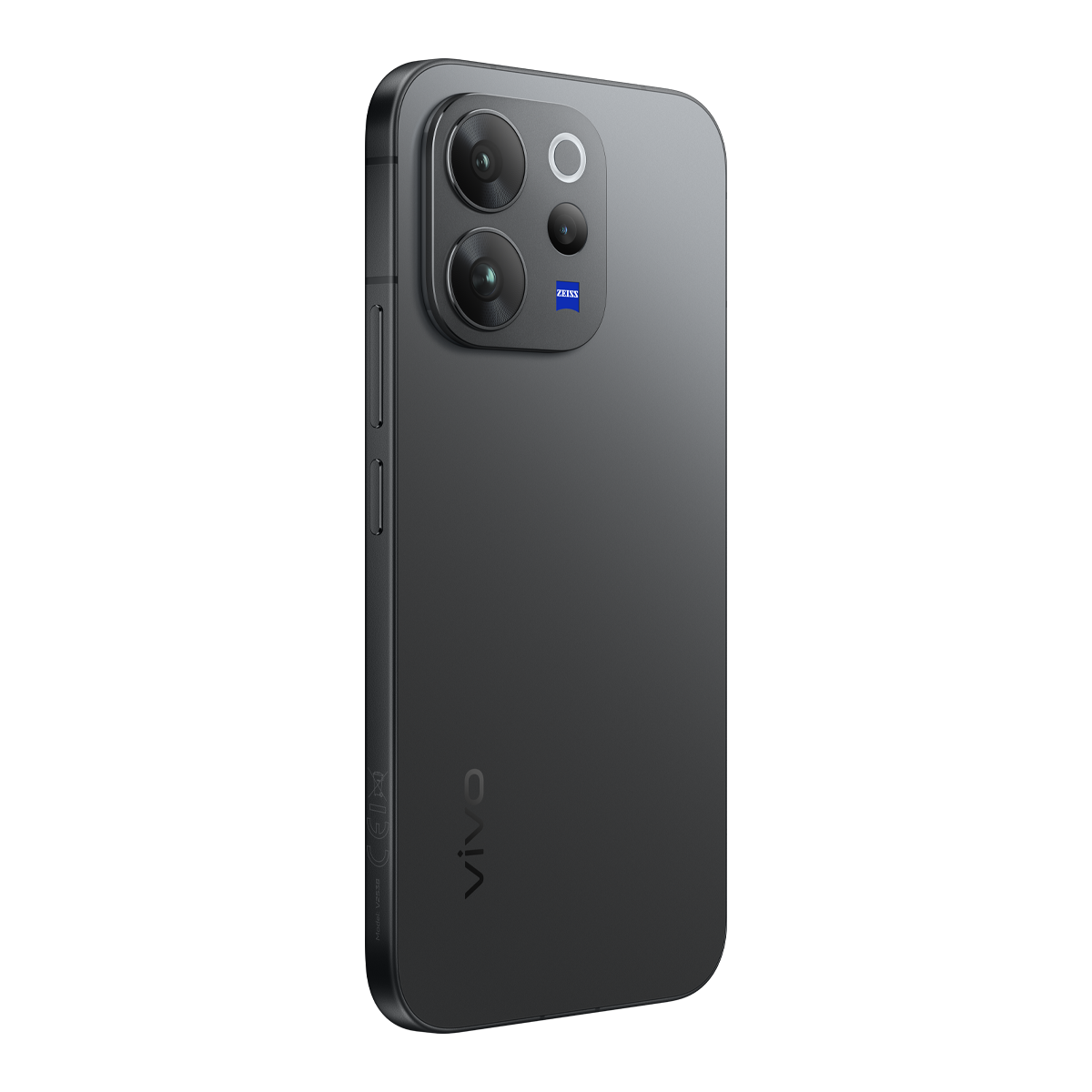 Üç kameralı ve ZEISS logolu koyu renk V29 5G akıllı telefonun arkası.