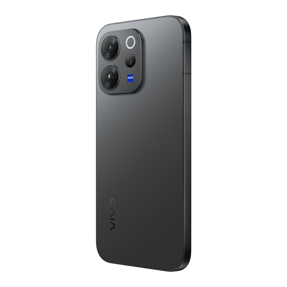 Koyu gri akıllı telefon, üçlü kamera ve arkasında Zeiss logosu bulunur.