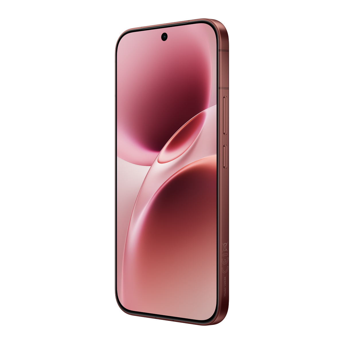 Pembe soyut duvar kağıdı ve yan düğmeleri olan bronz renkli akıllı telefon.