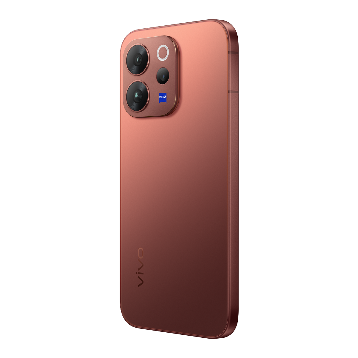 Üç kameralı, ZEISS logolu bronz renkli akıllı telefonun arkası.
