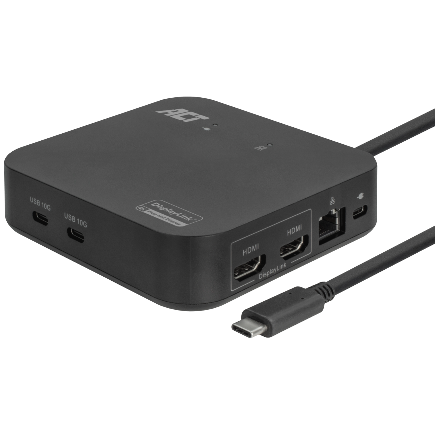 Station d'accueil USB-C noire avec ports HDMI, USB-A et Ethernet.