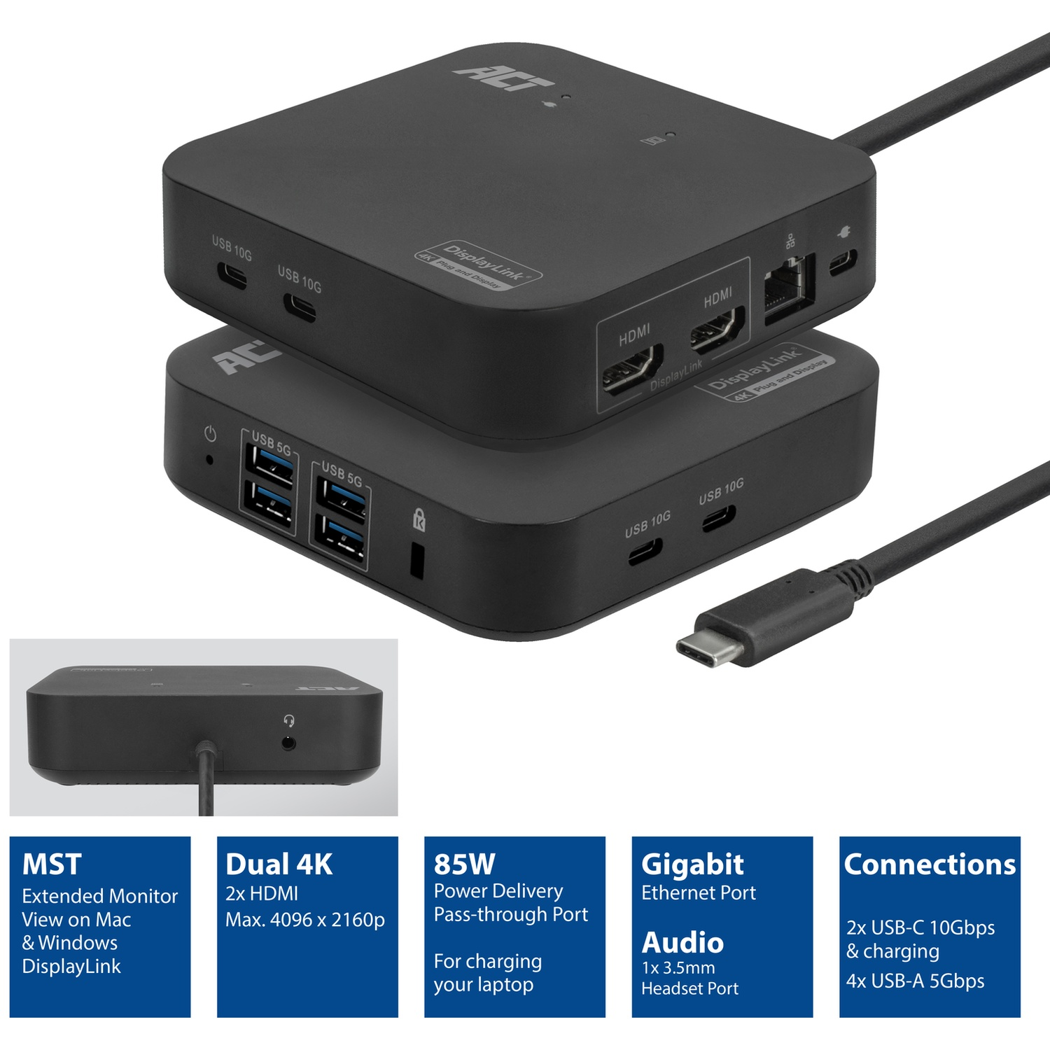 Deux stations d'accueil noires avec ports USB-C et HDMI.