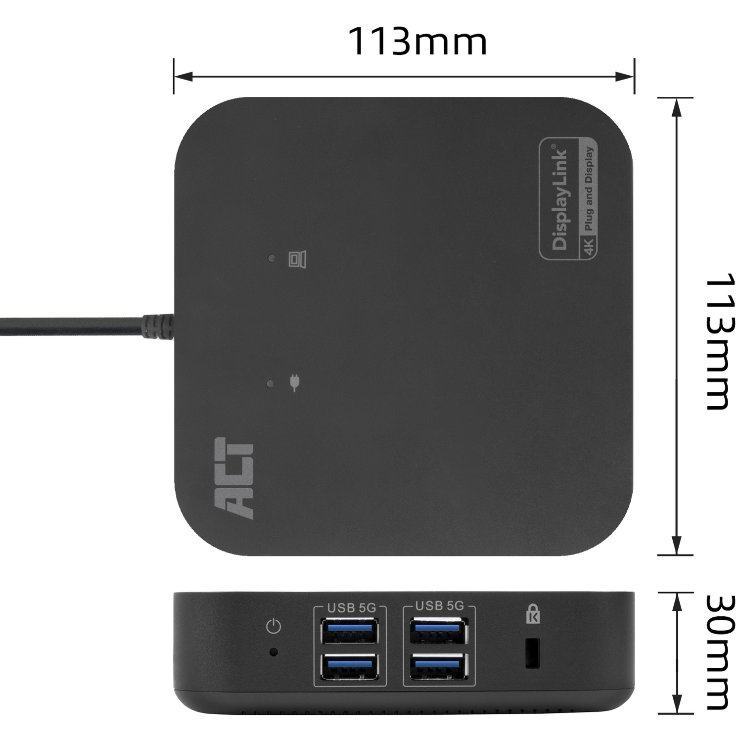 Station d'accueil ACT noire avec ports USB et logo DisplayLink.