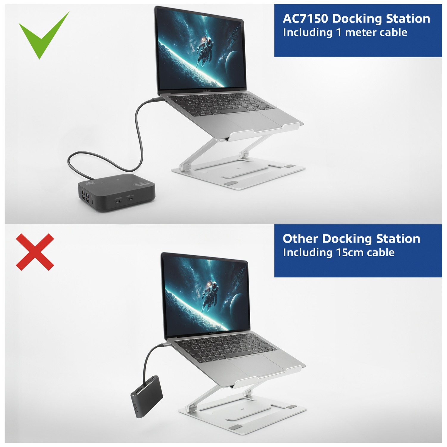Haut: Ordinateur portable avec station d'accueil AC7150 et câble de 1m. Bas: Ordinateur portable avec câble de 15cm.