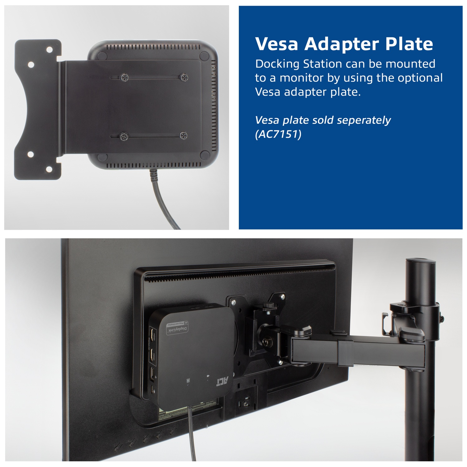 Support de moniteur avec station d'accueil, plaque adaptatrice VESA et bras.