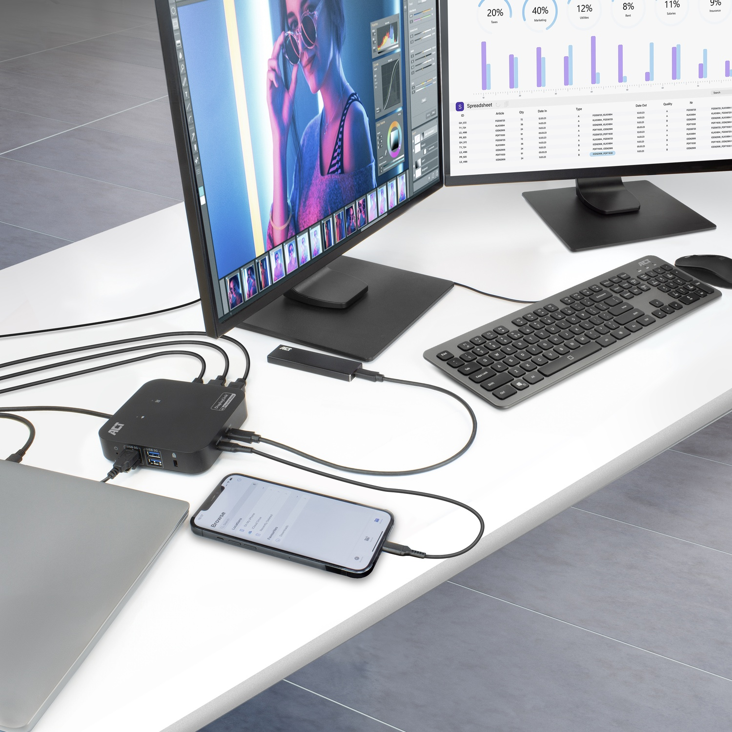 Une configuration de bureau avec deux moniteurs, un ordinateur portable, un téléphone, un clavier, une souris et une station d'accueil.