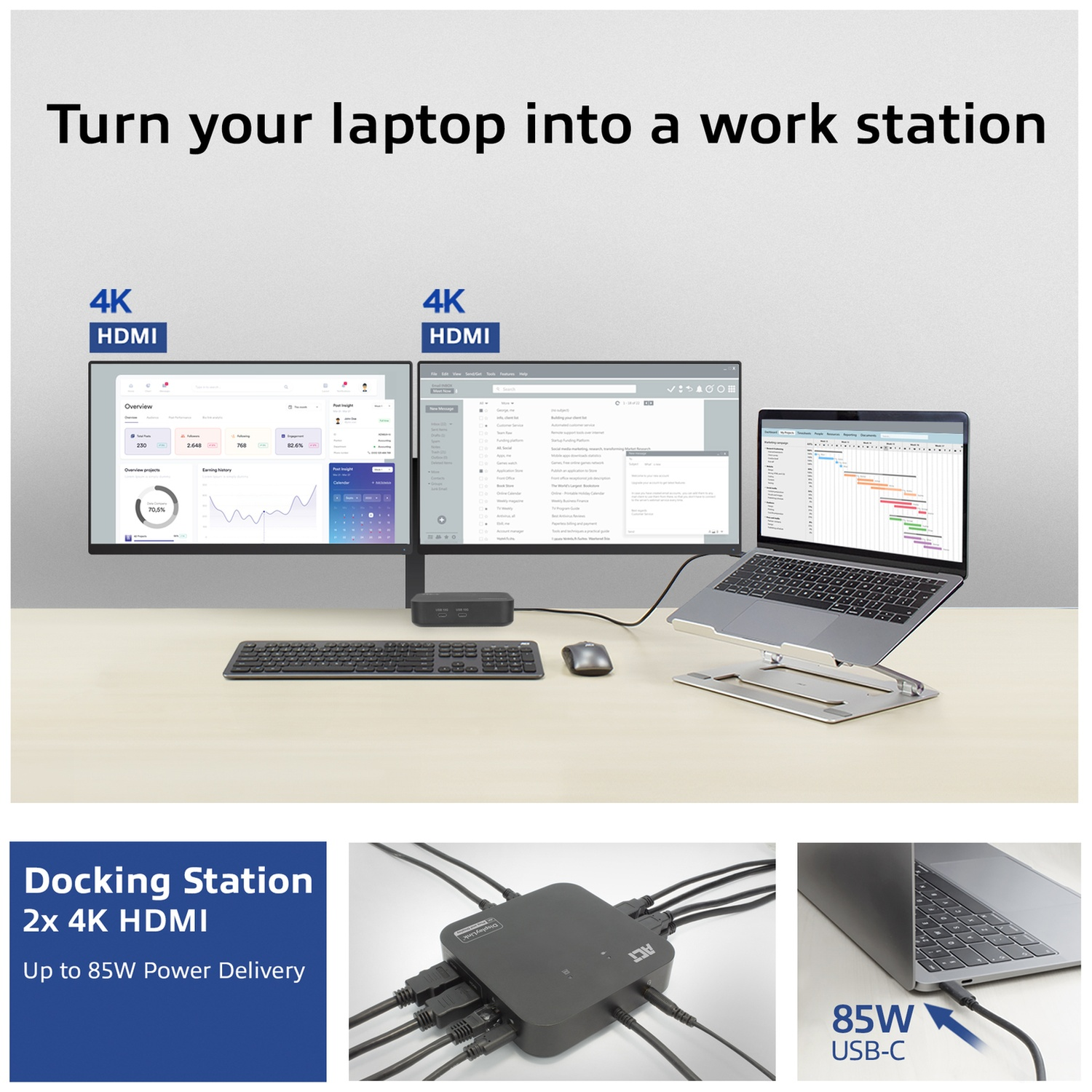 Un ordinateur portable devient une station de travail avec double HDMI 4K et station d'accueil.