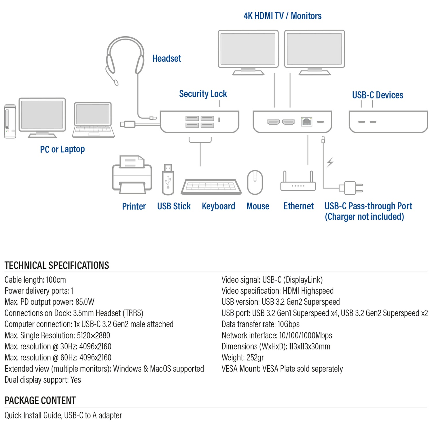 Le diagramme montre un ordinateur portable, un casque, une station d'accueil, une imprimante, un clavier, une souris et deux moniteurs.