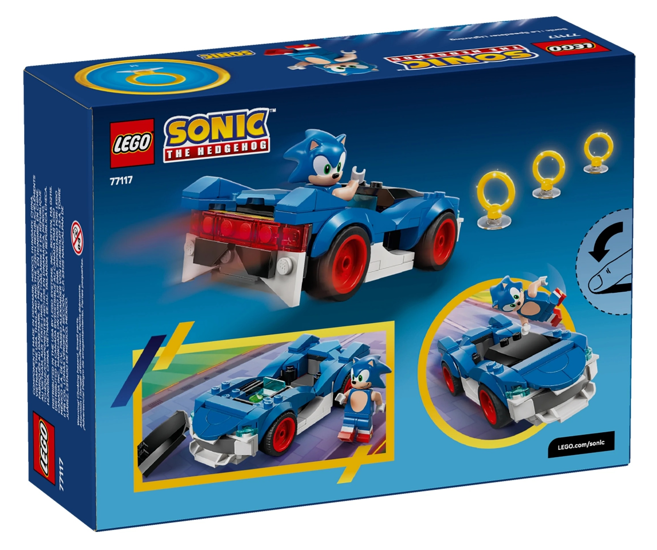 LEGO Sonic z samochodem i pierścieniami na pudełku.