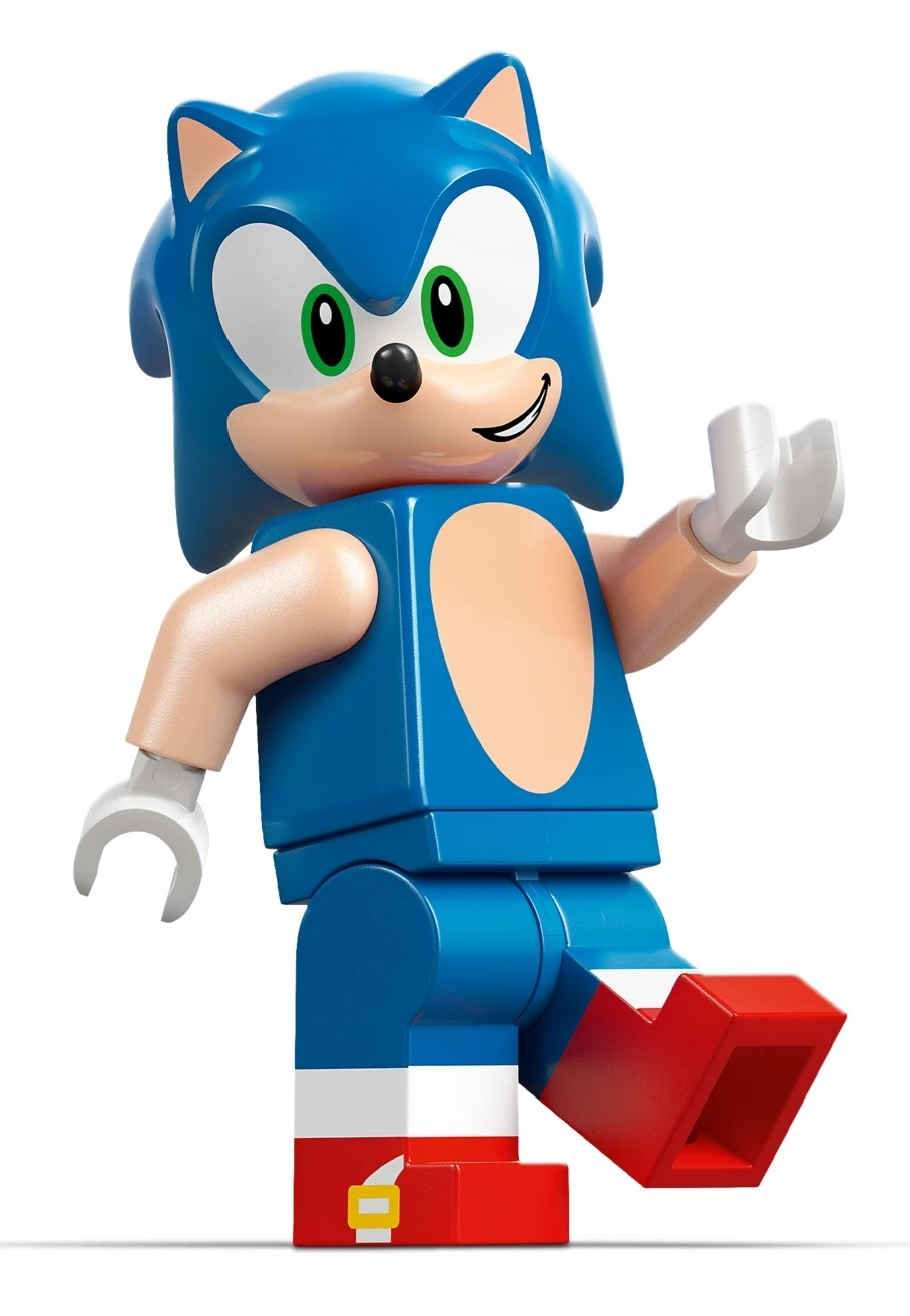 Niebieska postać Lego Sonic z zielonymi oczami i czerwonymi butami.