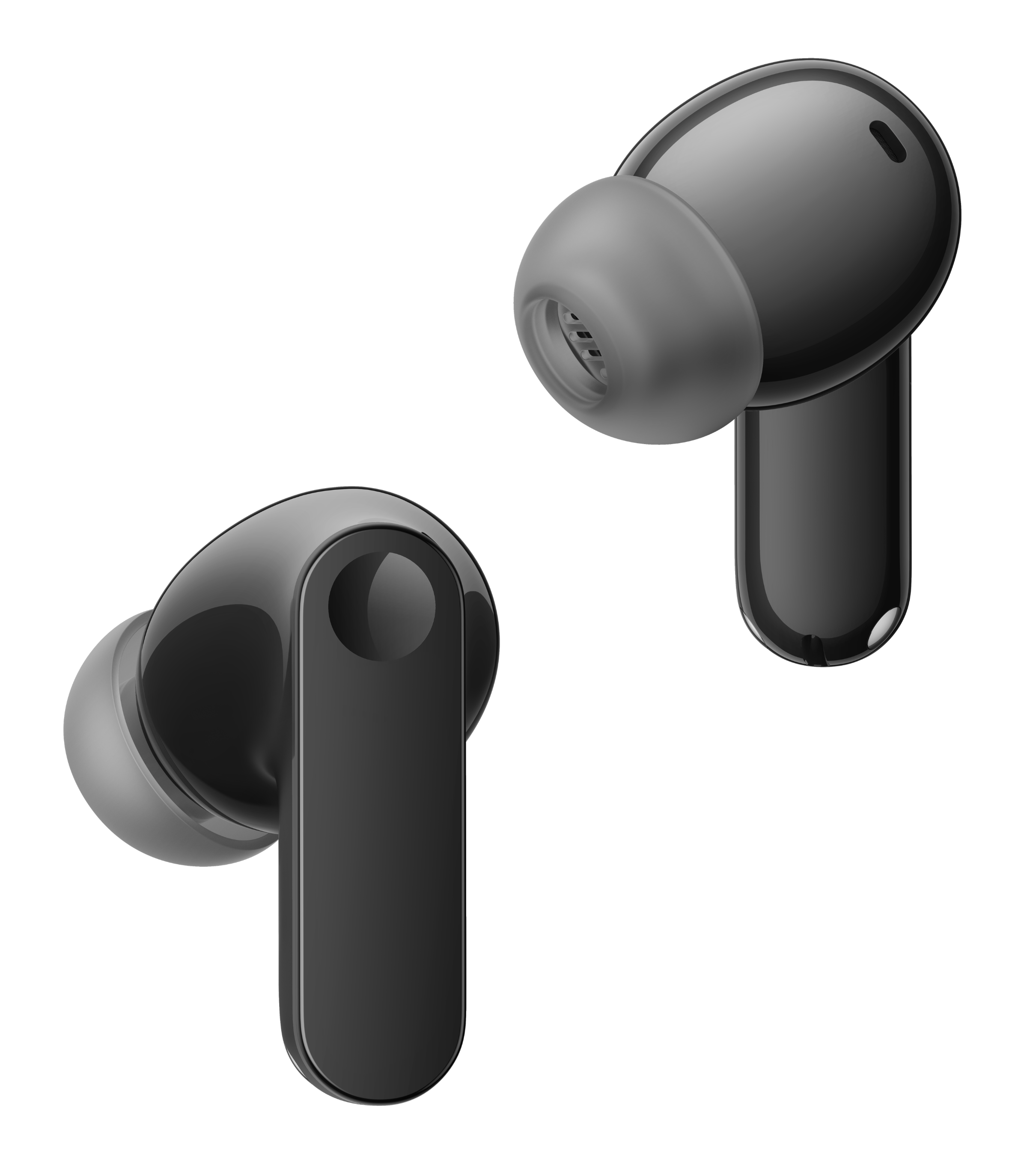 Dwa błyszczące czarne słuchawki bezprzewodowe z szarymi końcówkami na białym tle.