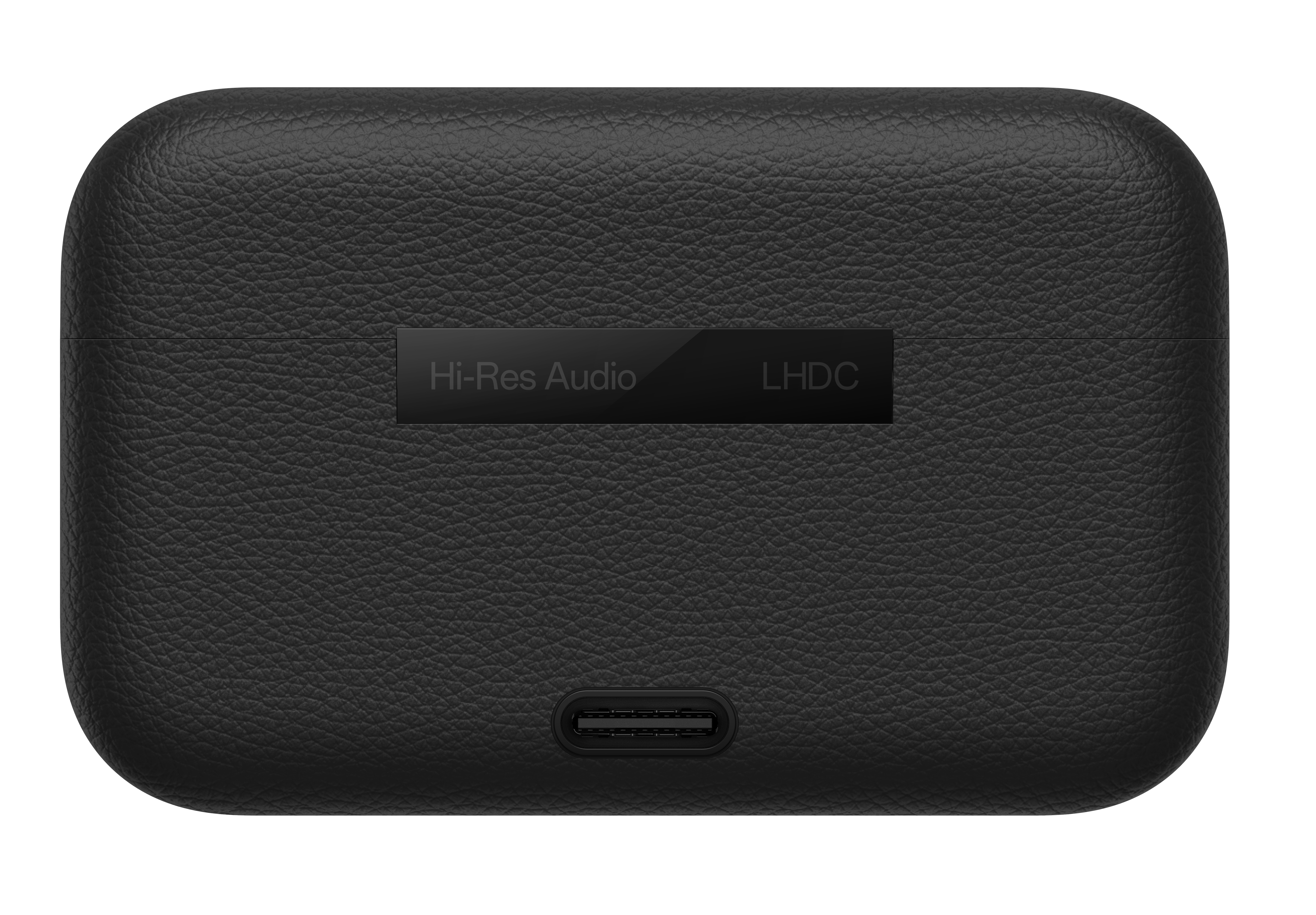 Czarne, teksturowane etui ładujące z napisem Hi-Res Audio LHDC i portem USB-C.
