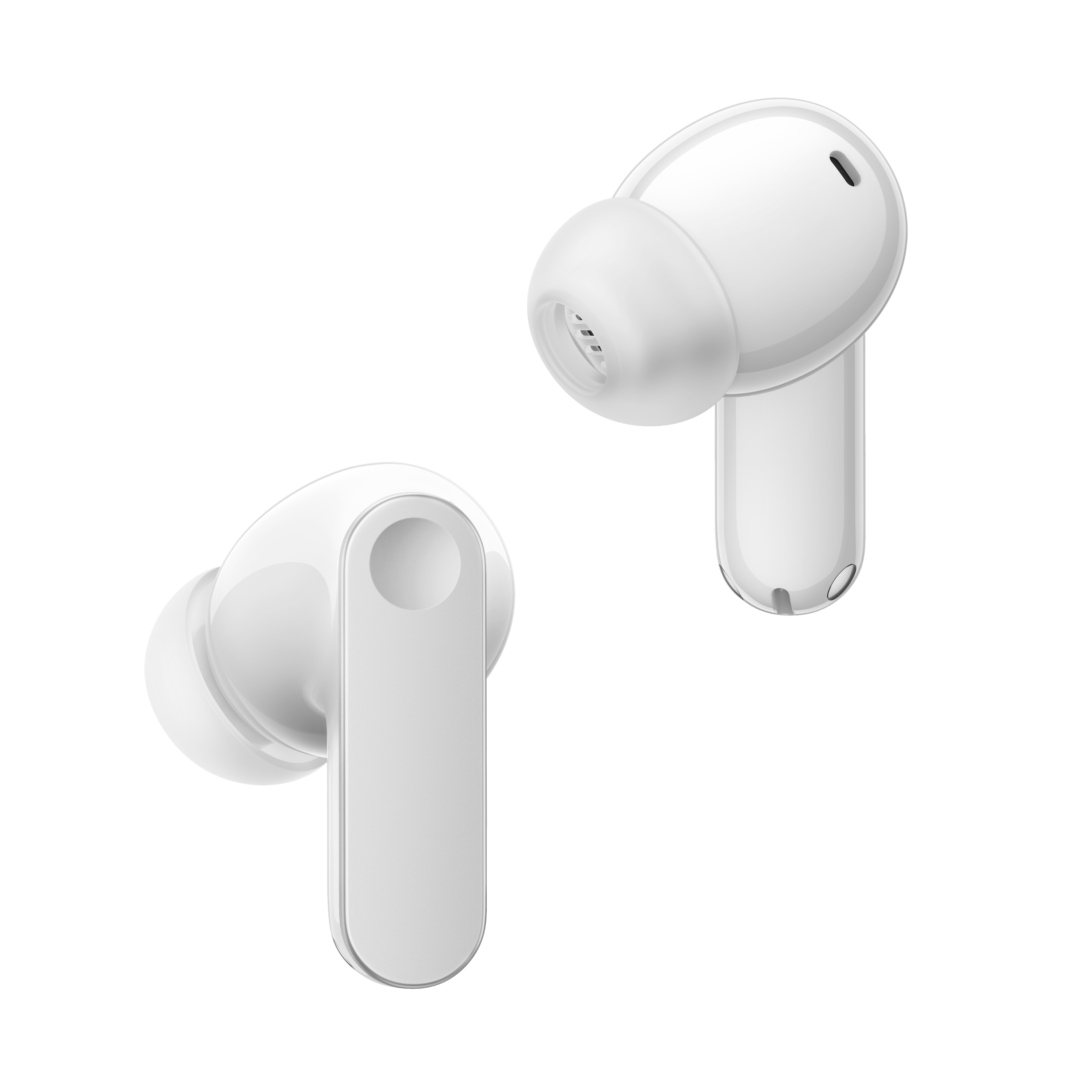 Dwa białe słuchawki na białym tle.