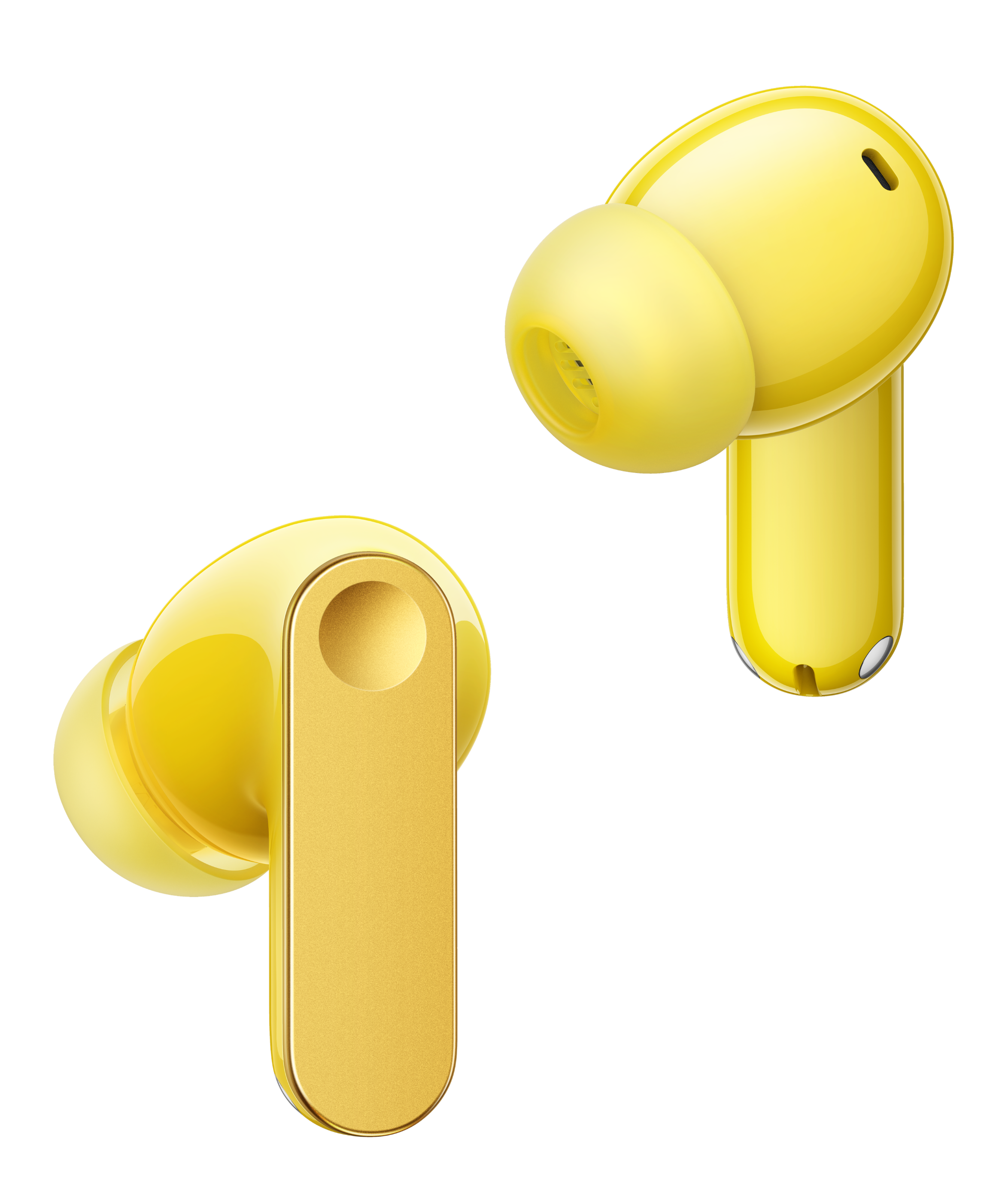 Dwa błyszczące żółte słuchawki z złotymi akcentami na białym tle.